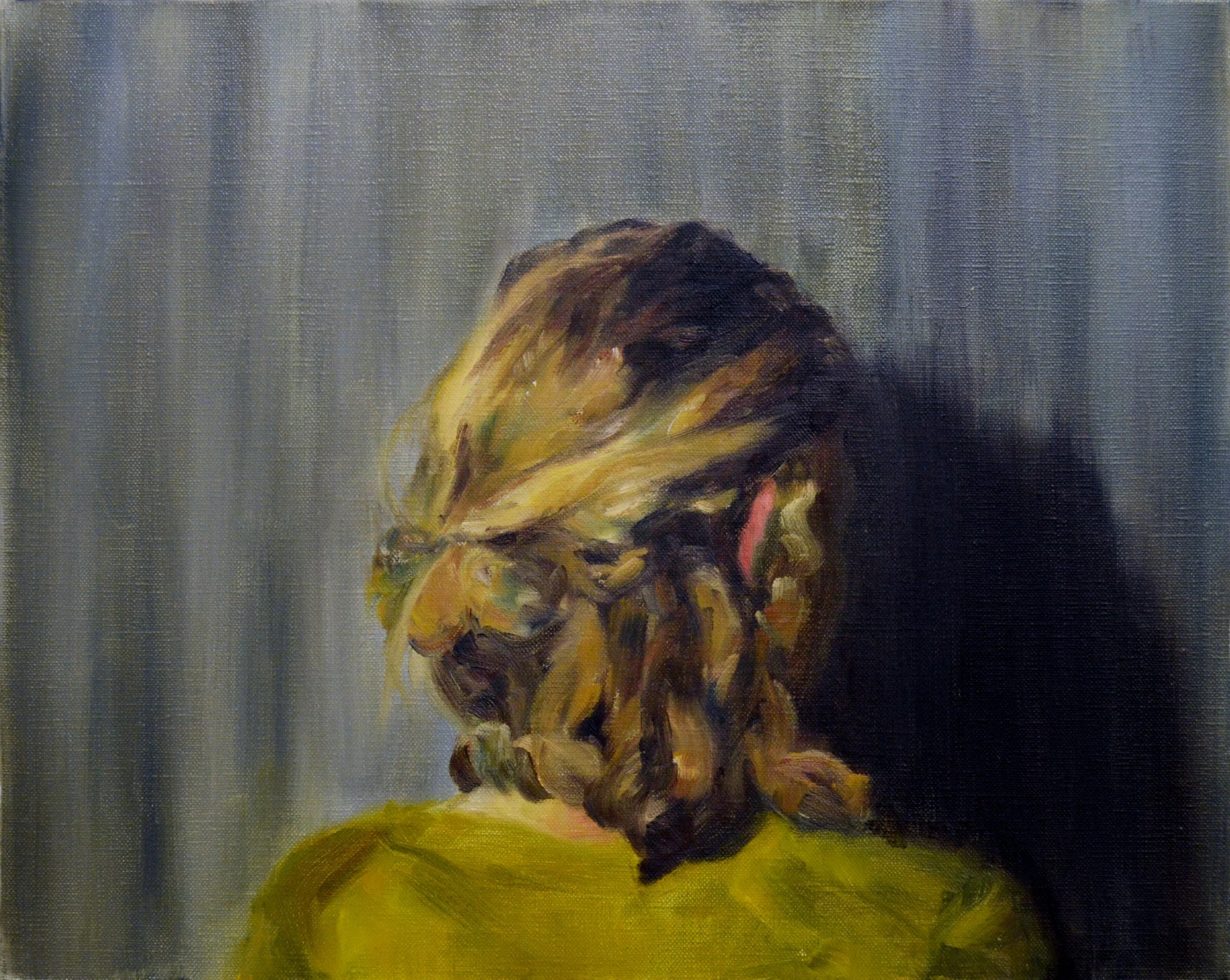 Original figurative oil painting of a woman with curly blonde hair in a mustard yellow top titled Ginx by Southern heritage painter Hampton Watts, Savannah