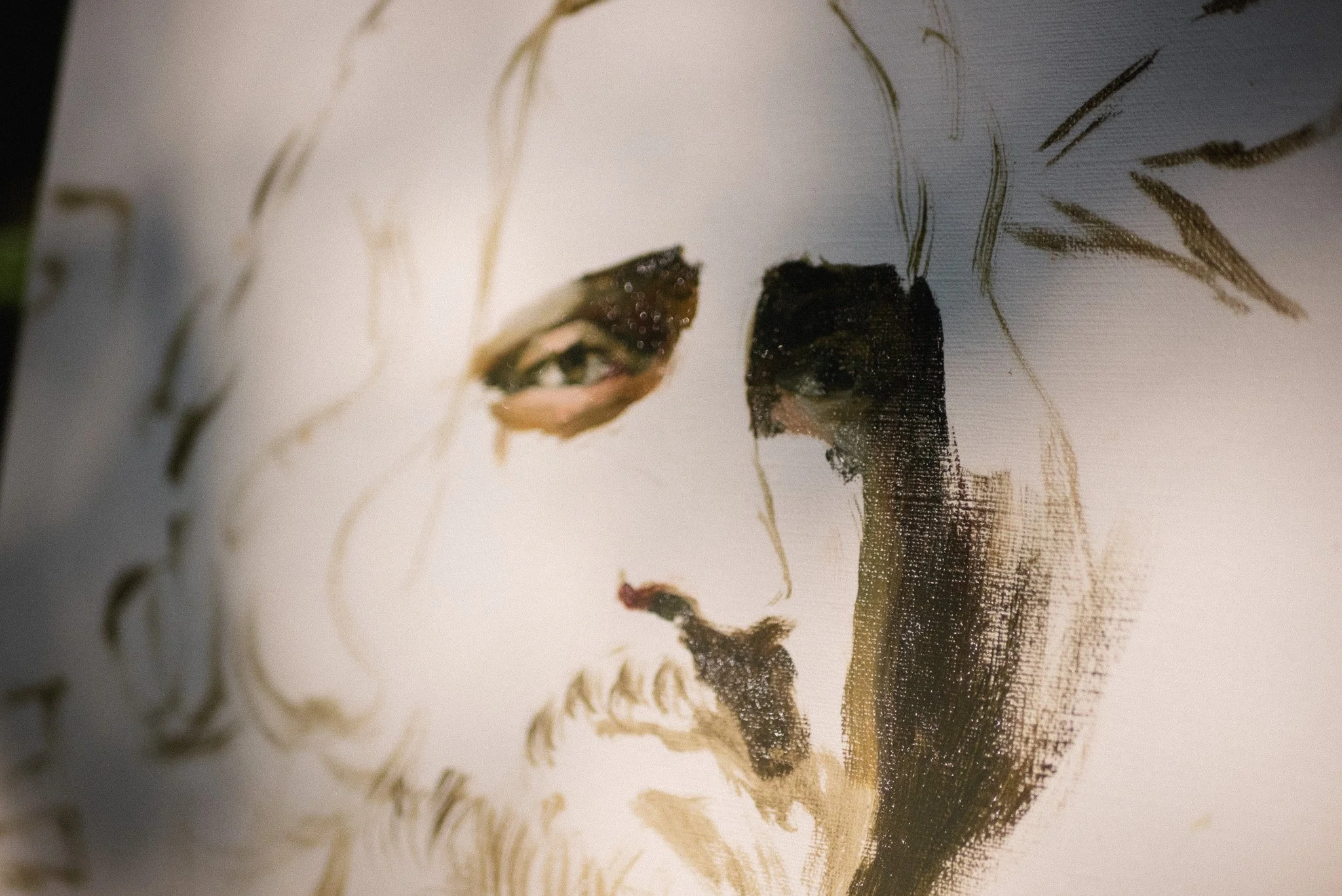 close up of oil portrait painting block in showing face and shadow structure