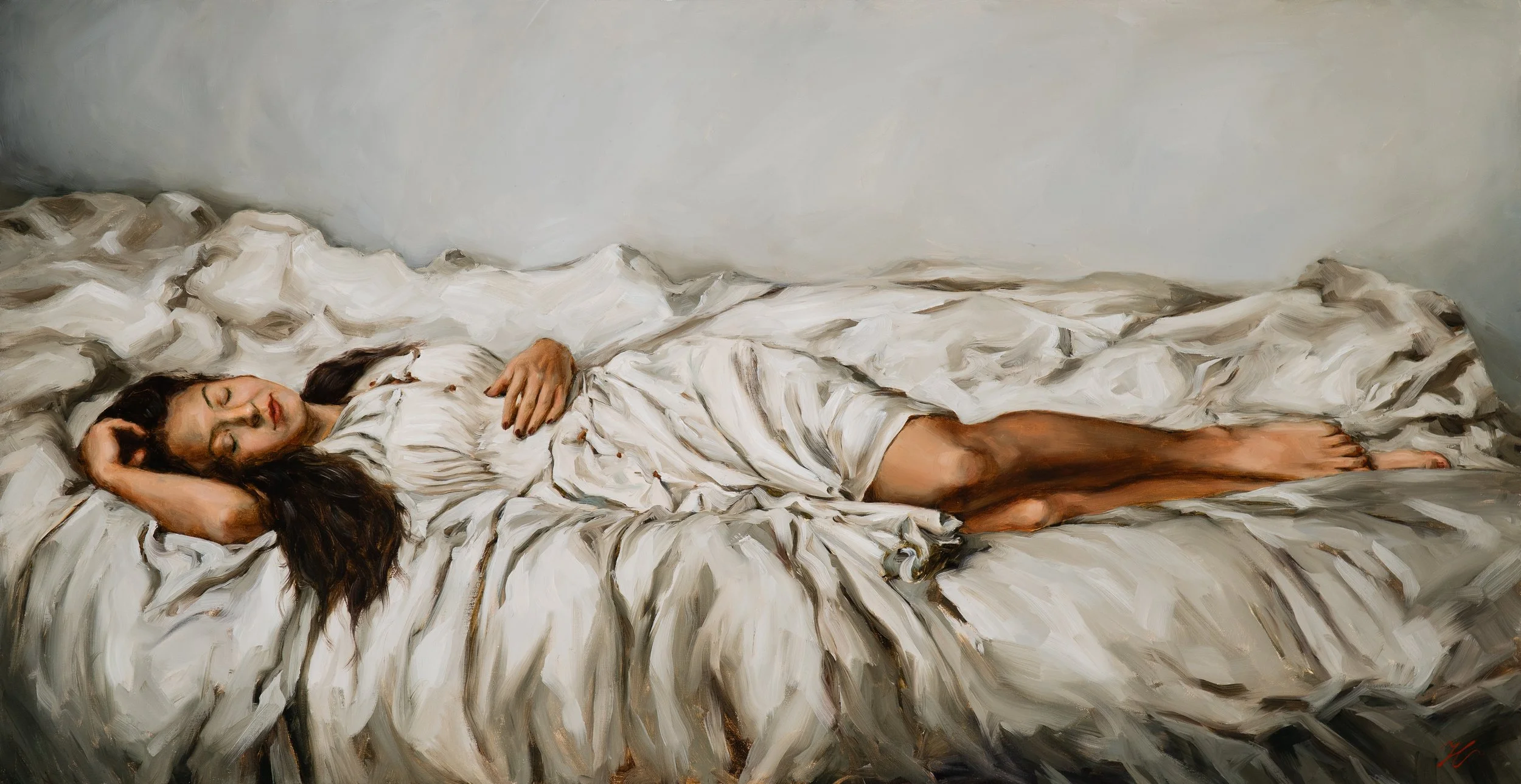 Original oil painting featuring a woman with dark hair laying in white dress on a white daybed titled Daybed by Southern figurative painter Hampton Watts, Savannah