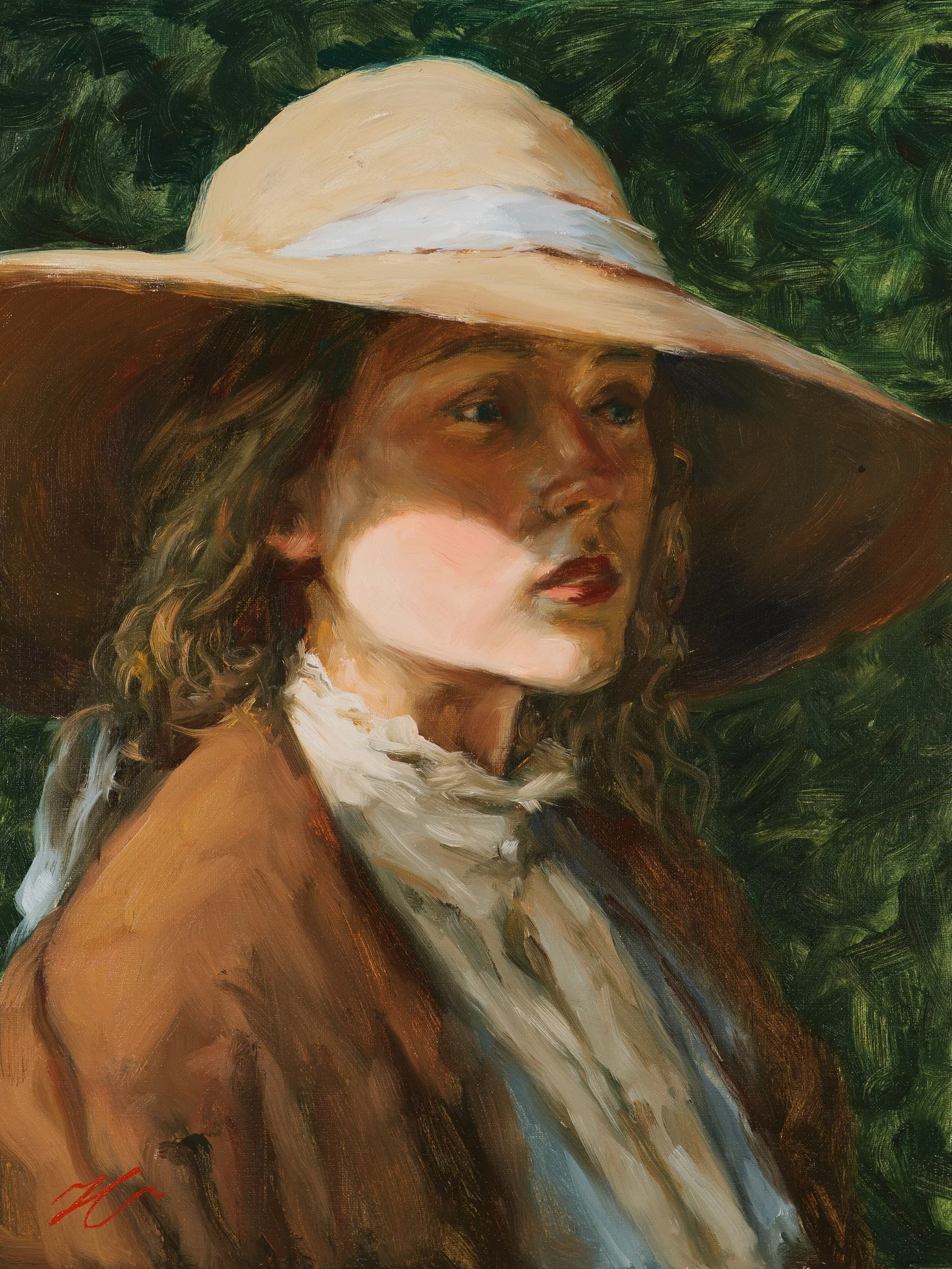 Oil portrait of a young woman with curly hair in a wide-brimmed straw hat with a pale blue ribbon and a rust coat, against a green background, by Hampton Watts