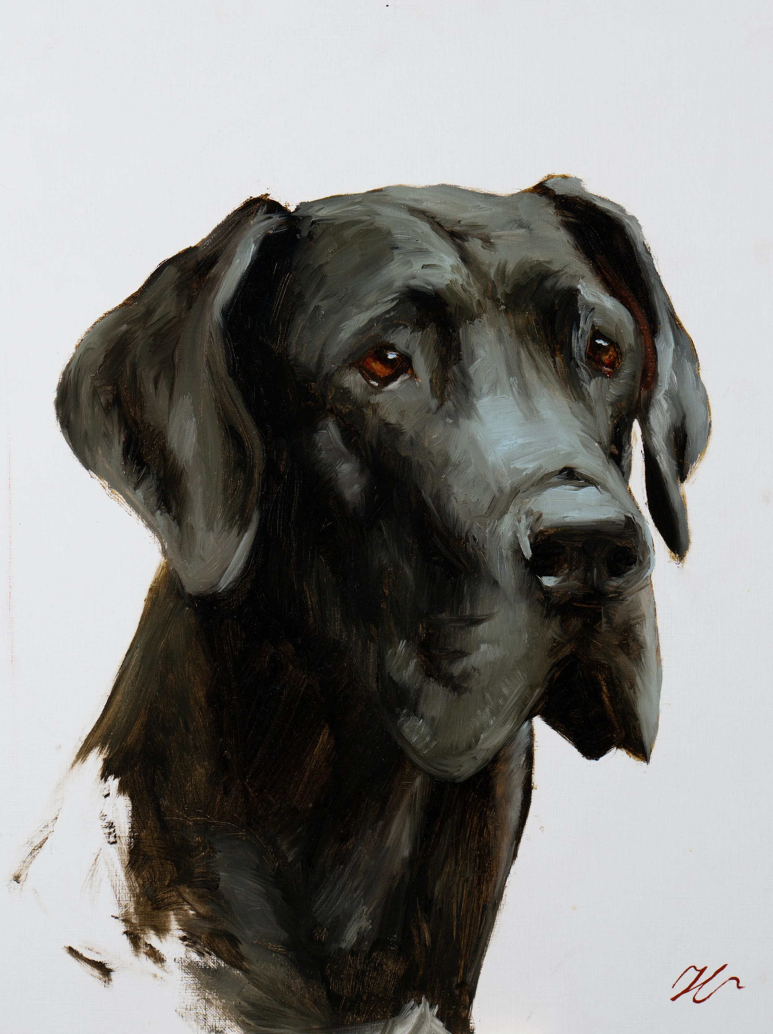Oil portrait of black hound dog with expressive eyes in Southern sporting tradition