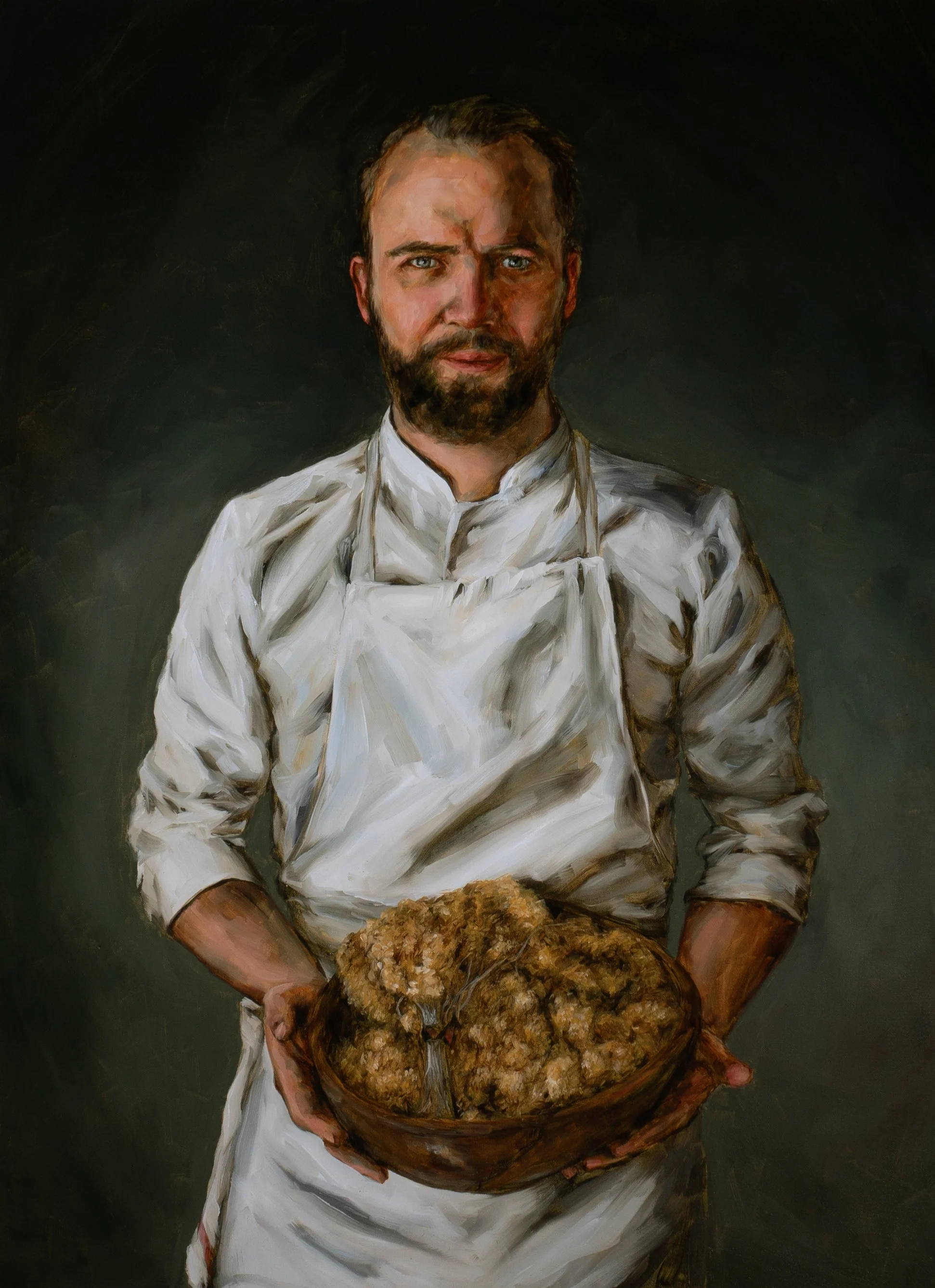 Oil portrait of Michelin chef Noël Bérard holding immortelle flowers, painted by Hampton Watts