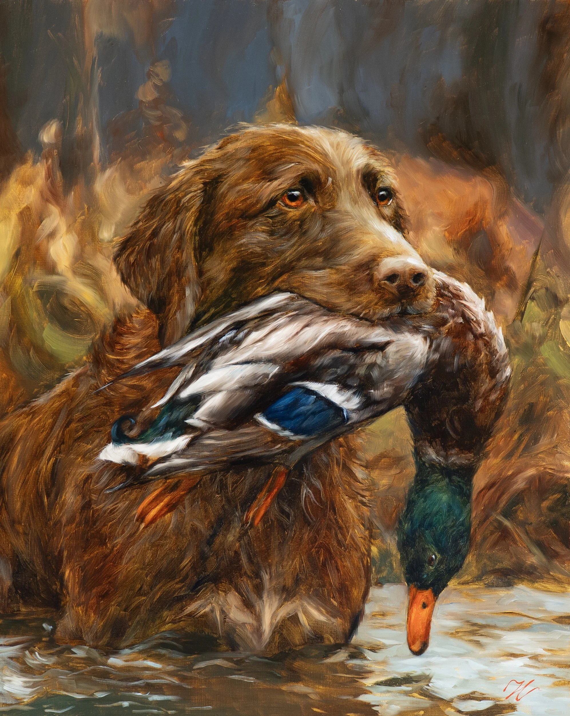 hampton-watts-hound-and-mallard-gun-dog-retrieving-a-drake-original-oil-painting-30x24.jpg
