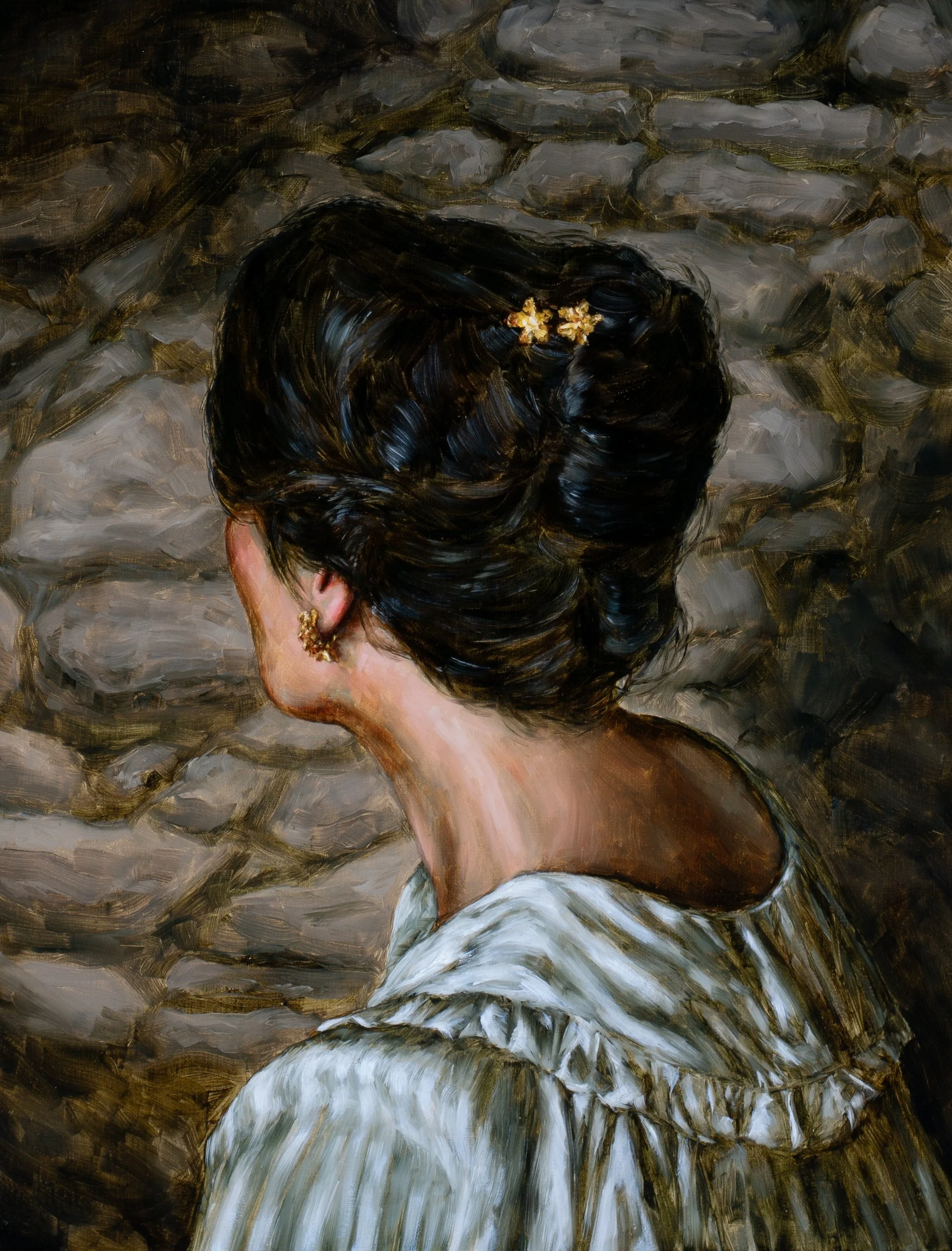 Original figurative oil painting of Jamie Beck with gold hair pins in a silk top by Hampton Watts — Southern narrative painting