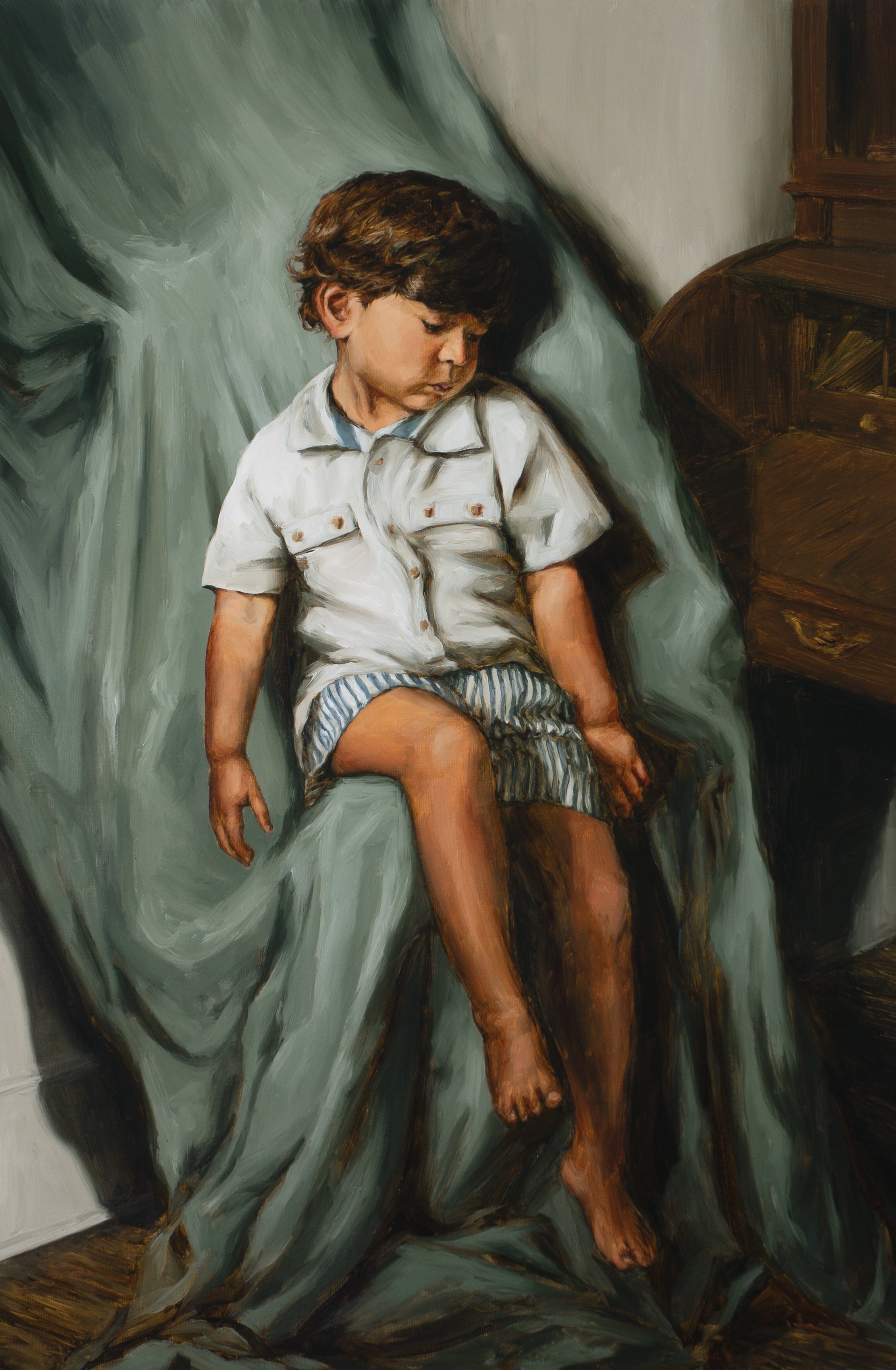 Classical oil portrait of a young boy titled Rand by Savannah painter Hampton Watts — Southern heritage portraiture
