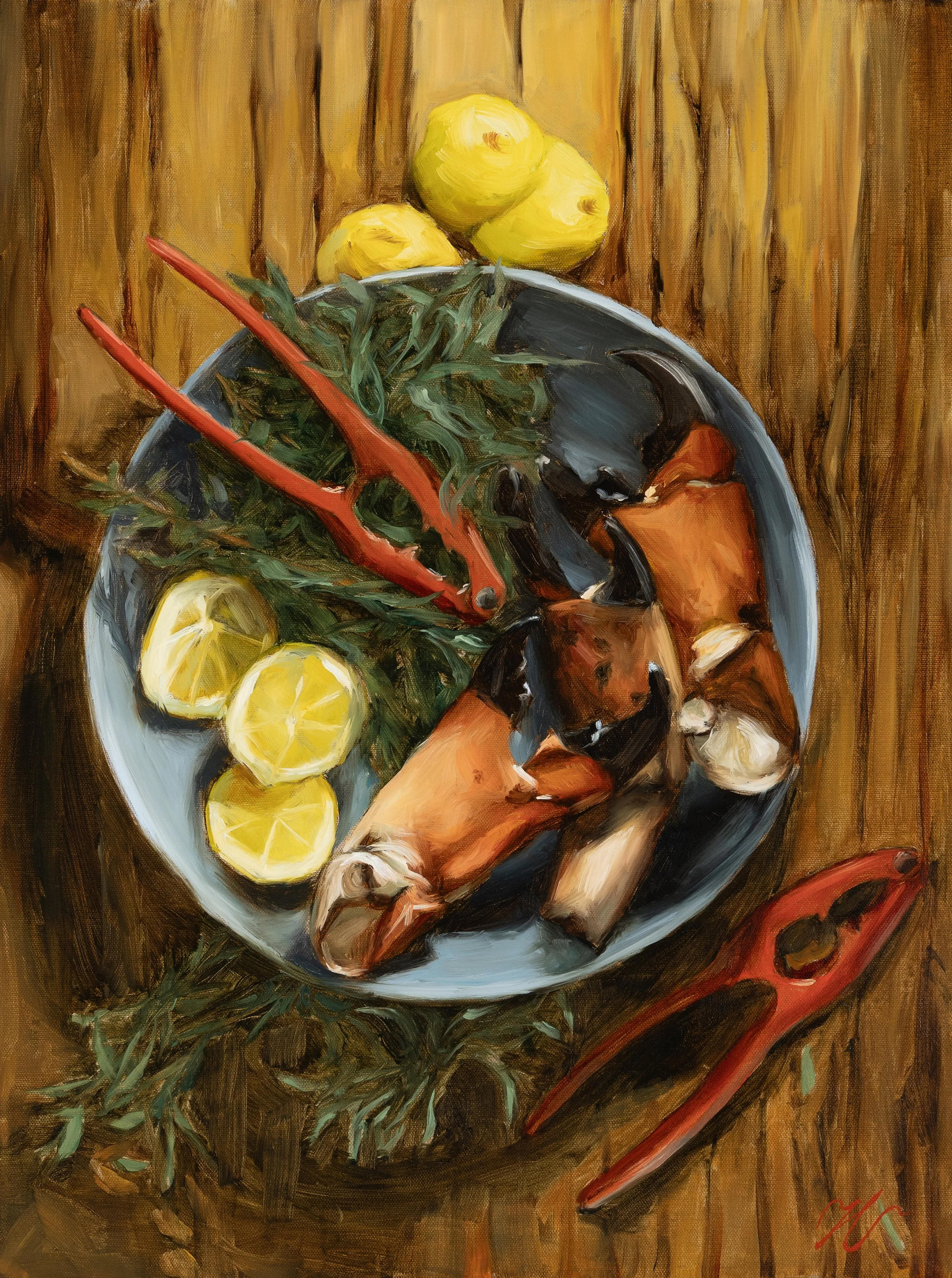 Classical still life oil painting of snow crab, lemons, and rosemary by Southern painter Hampton Watts