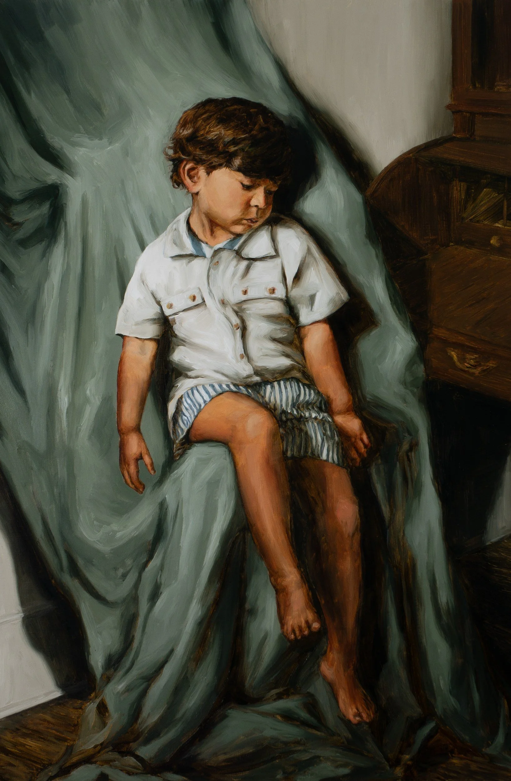 Rand Amid Drapery. Oil, 36 x 24 in, 2024.