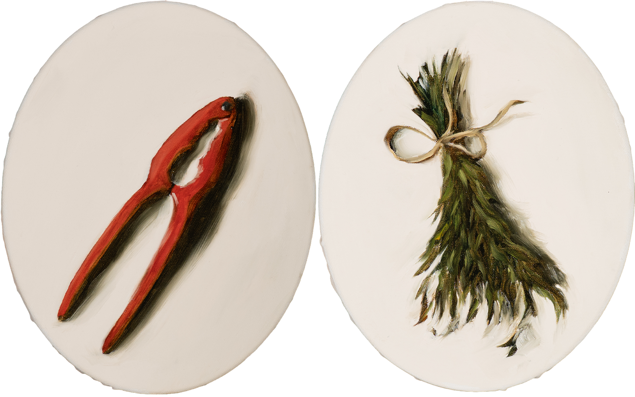 Two ten by eight inch oval oil paintings on cream ground — a red shellfish cracker and a bundle of saddle rosemary tied with string, by Hampton Watts