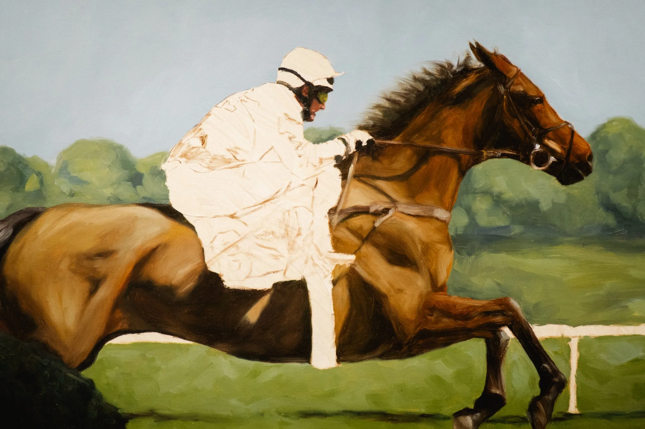 Mid-stage progress photo of Aiken in April — Hampton Watts oil painting of a steeplechase horse and jockey, jockey's silks blocked in before final color pass