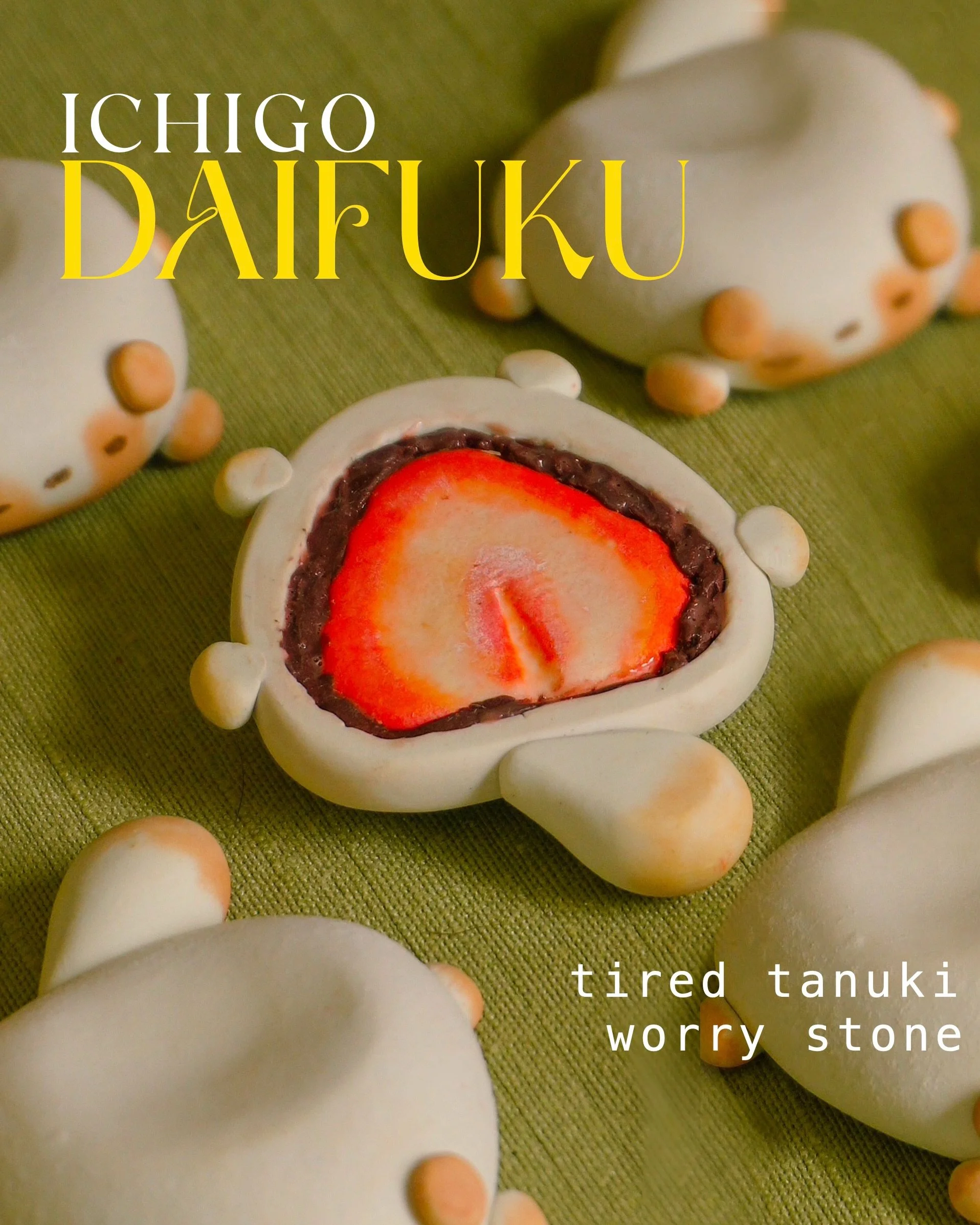 Daifuku tanuki worry stones are now available!!🍓.✦ ݁˖
Adopt a new desk buddy before they&rsquo;re all gone!
[LINK IN BIO‼️ - ONLY 3 LEFT‼️]

These buddies are made-to-order, so it may take a couple weeks for me to send them out, but I&rsquo;ll do my