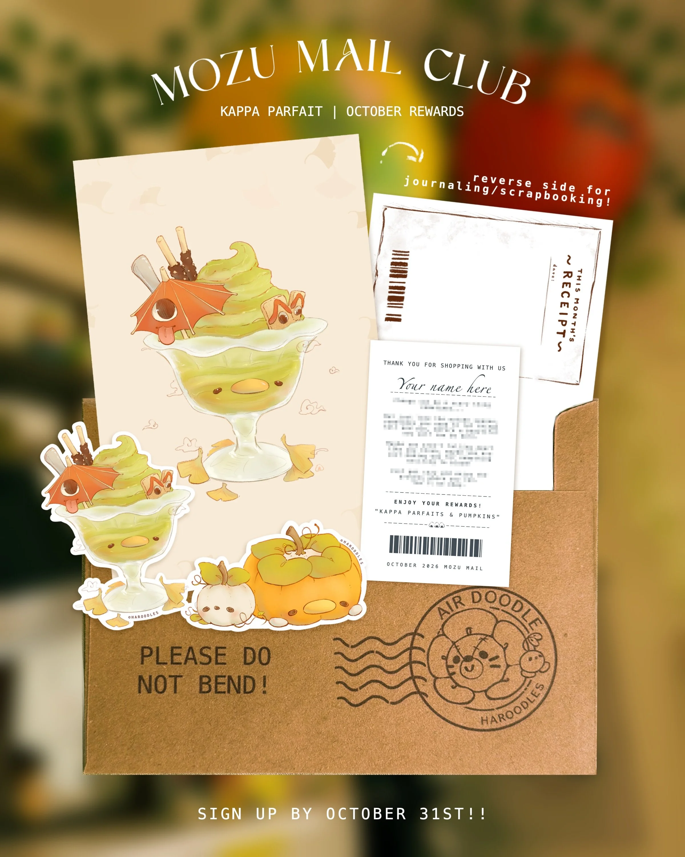 October Mozu Mail! Join with the link in bio!!🍂

Whether you think fall is a cozy season, or a spooky season, this month I&rsquo;m bringing a bit of both!!✨
Mixing some cozy treats &amp; pumpkins with some spooky japanese yokai and obake, I hope you