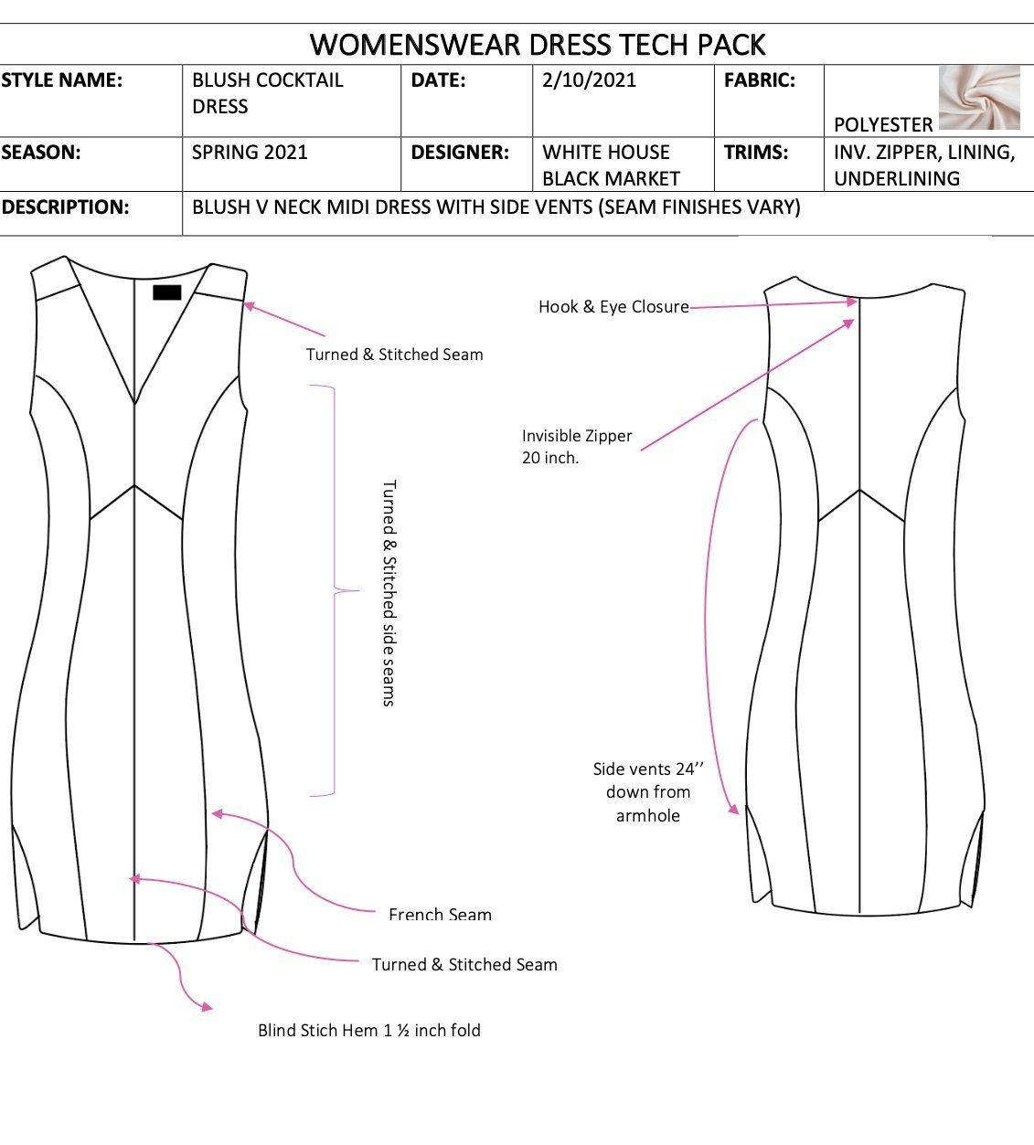 Tech Pack for Intro to Fashion Design Course. Done on Word Document.