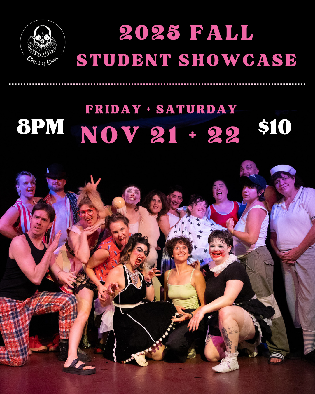 church of clown performers taking a group photo on stage after a show