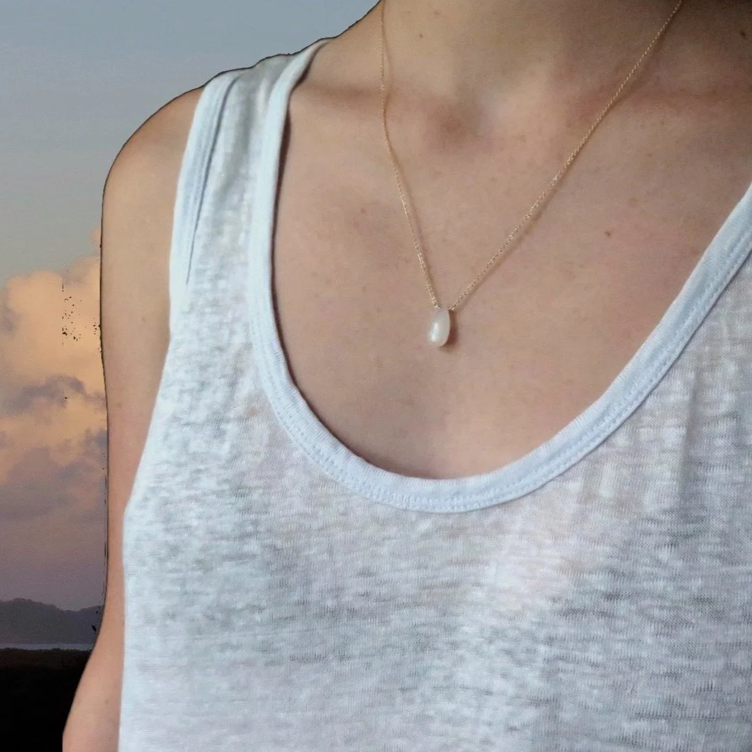 Moonstone minimal necklace in 14k gold filled or sterling silver. Features a genuine moonstone and moonstone is the birthstone for June. Handmade in #byronbay with love. Available online at www.madeinbyronbay.com #moonstone #goldfilled #sterlingsilve