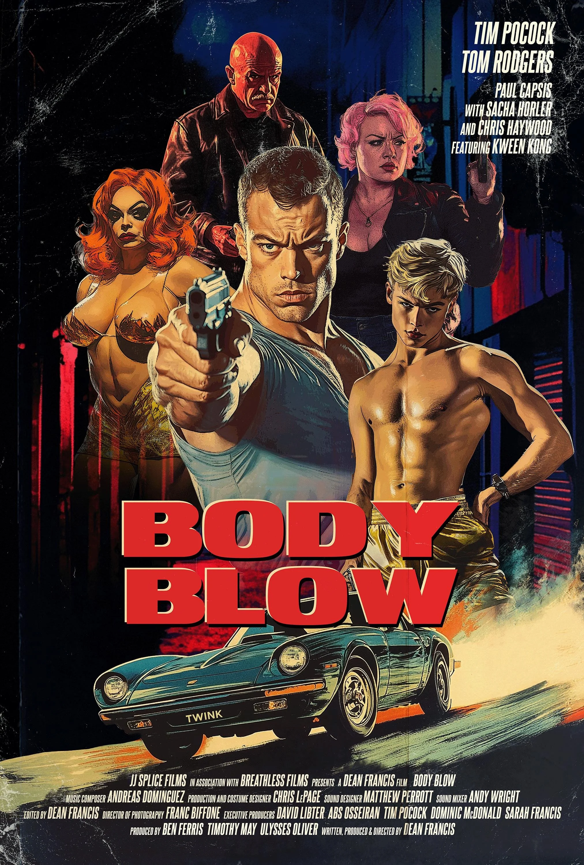 Promotional poster for the movie 'Body Blow' featuring illustrated characters, a car, and text with the movie title and credits.