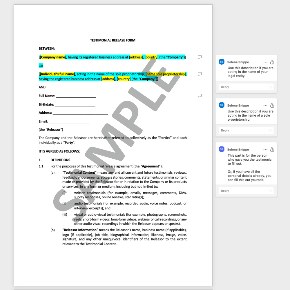 Testimonial release form template word
