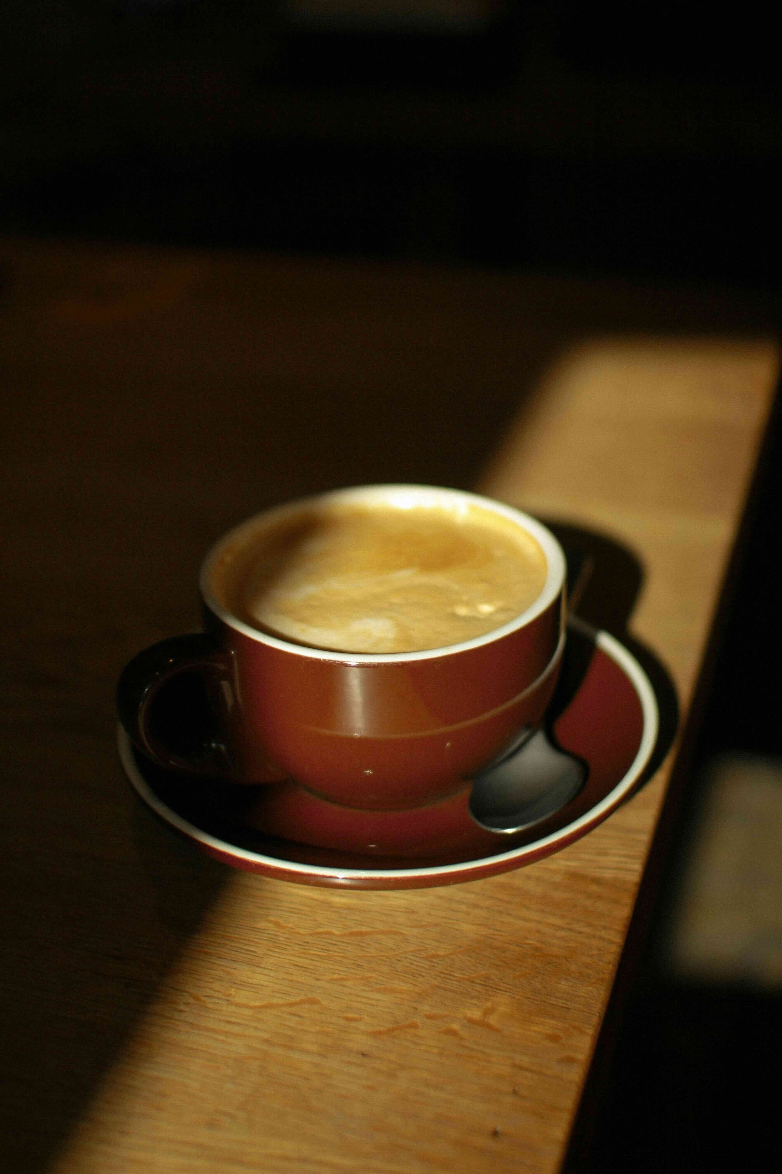 A cup of cappuccino on a saucer placed on a wooden table with sunlight shining on it.