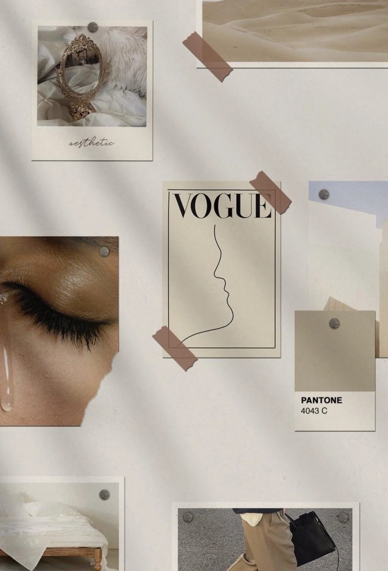 Collage of images featuring a close-up of a model's eye with makeup, a decorative mirror on white bedding, an illustration of a woman's profile with the word Vogue, a Pantone color swatch labeled 4043 C, and a person carrying a black handbag.