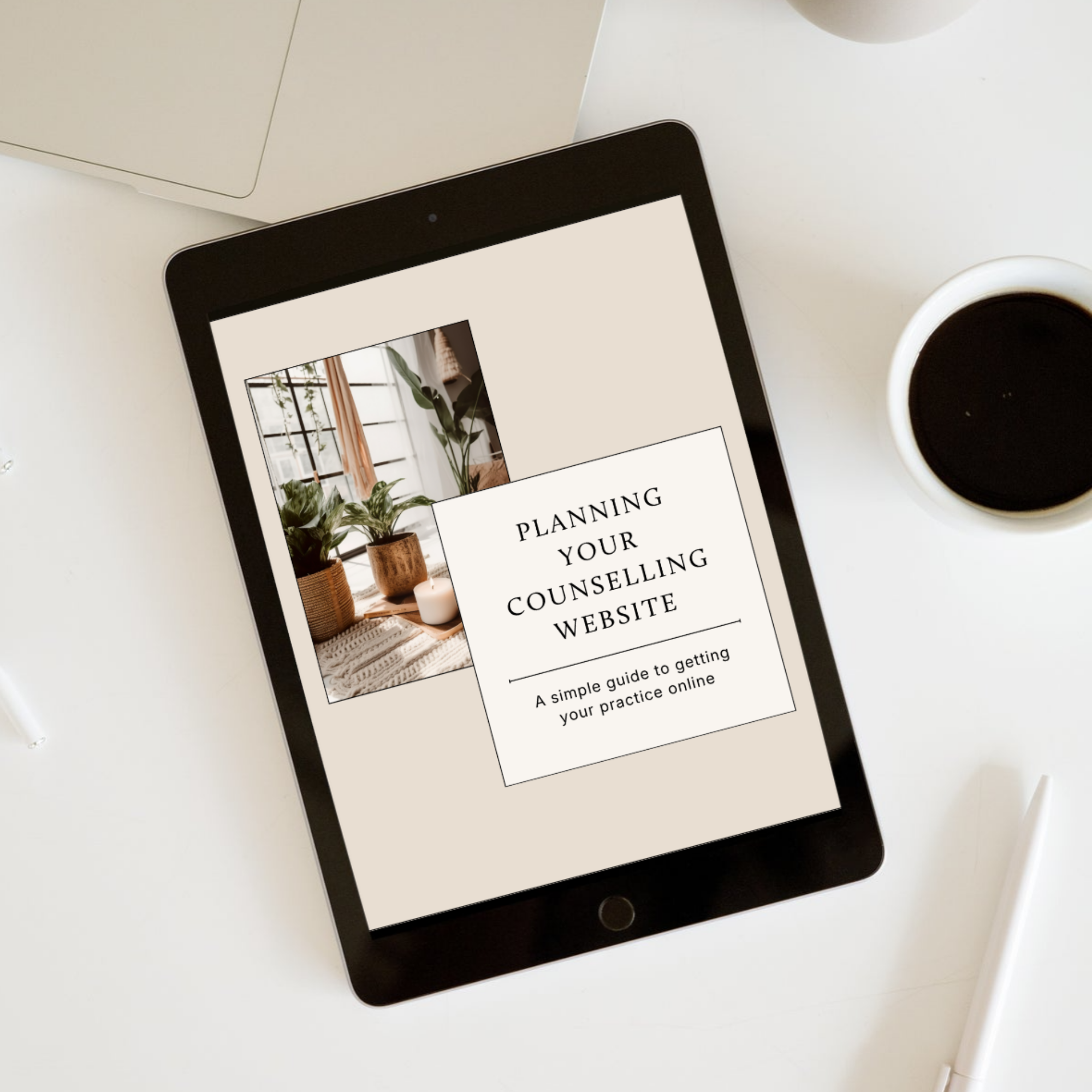 Digital tablet displaying a website about planning and counseling, surrounded by a silver laptop, a white coffee cup filled with black coffee, and a white desk.