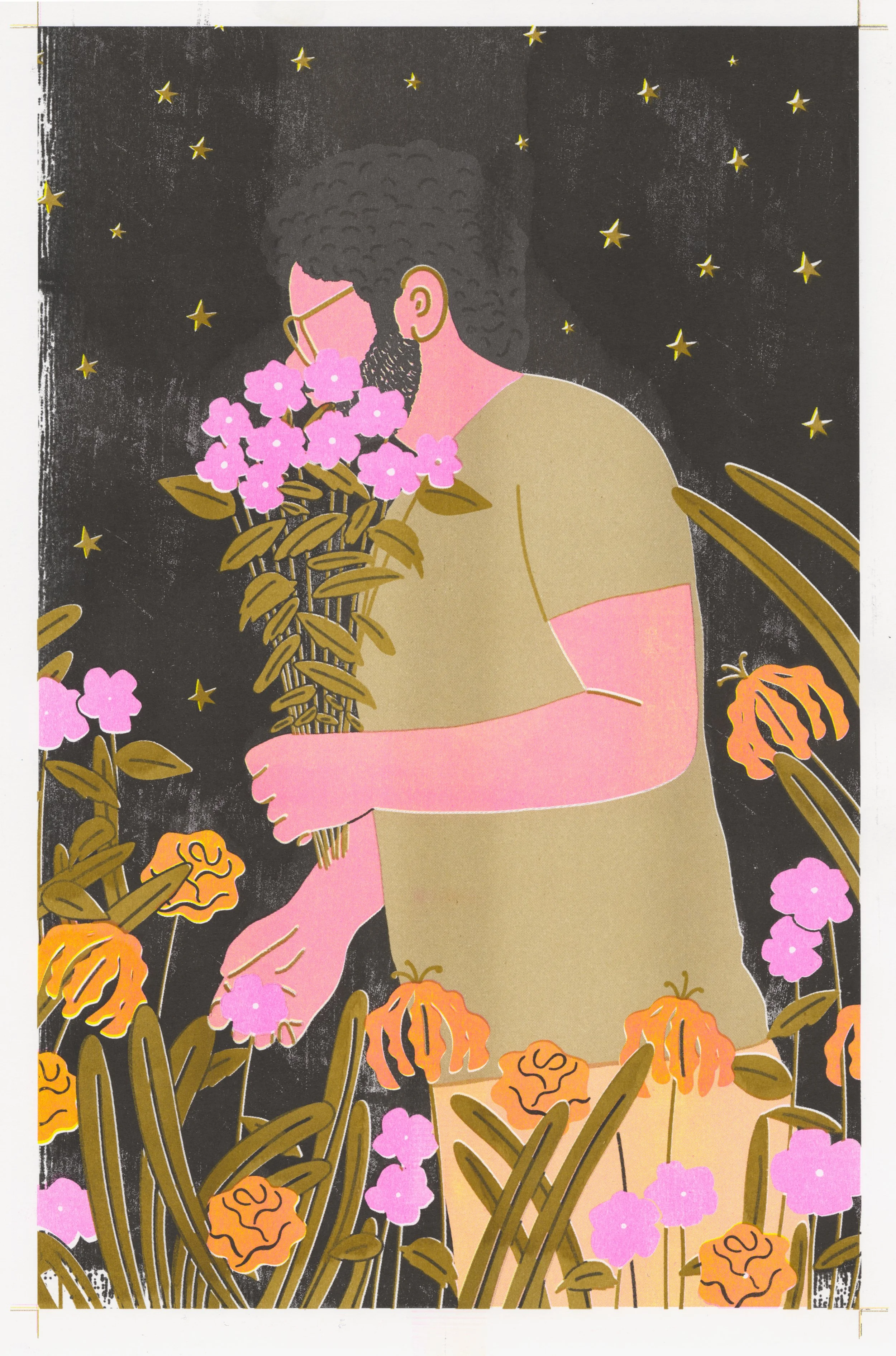 Print Illustration of a man holding flowers, while standing in a field of flowers