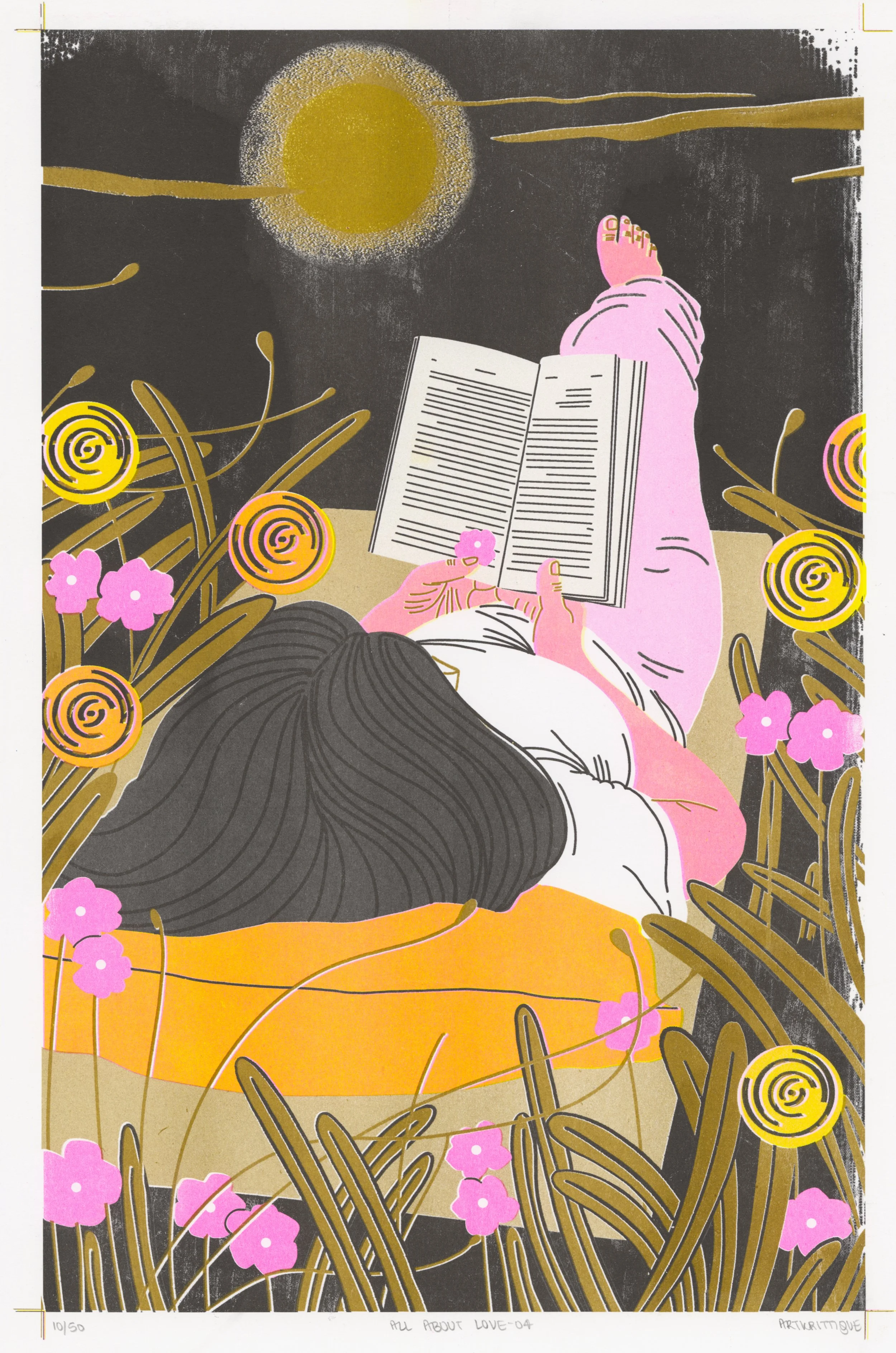 A woman reading a book while using a flower as a bookmark, surrounded by flowers.