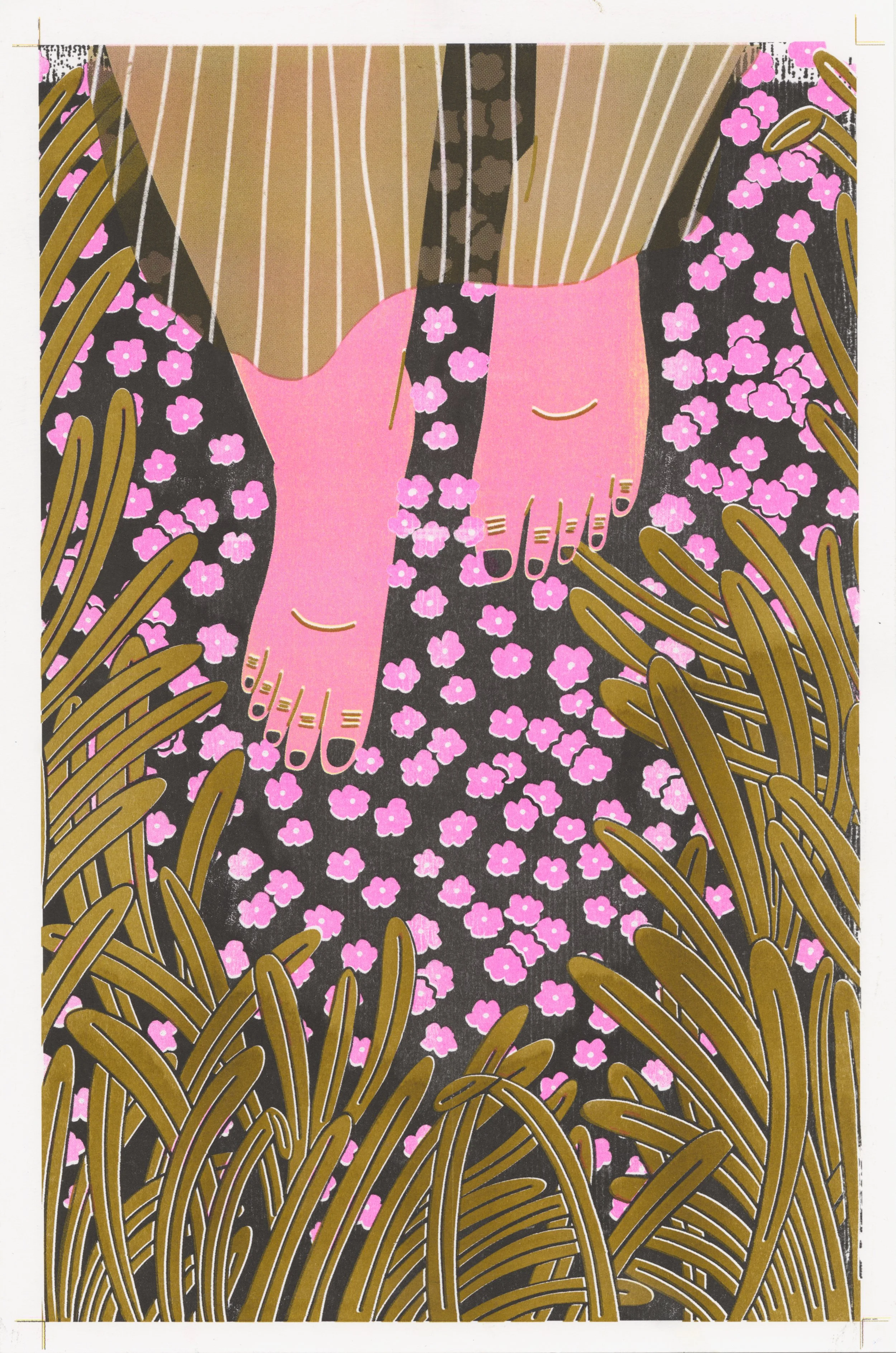 Depiction of a woman walking through a field of flowers.