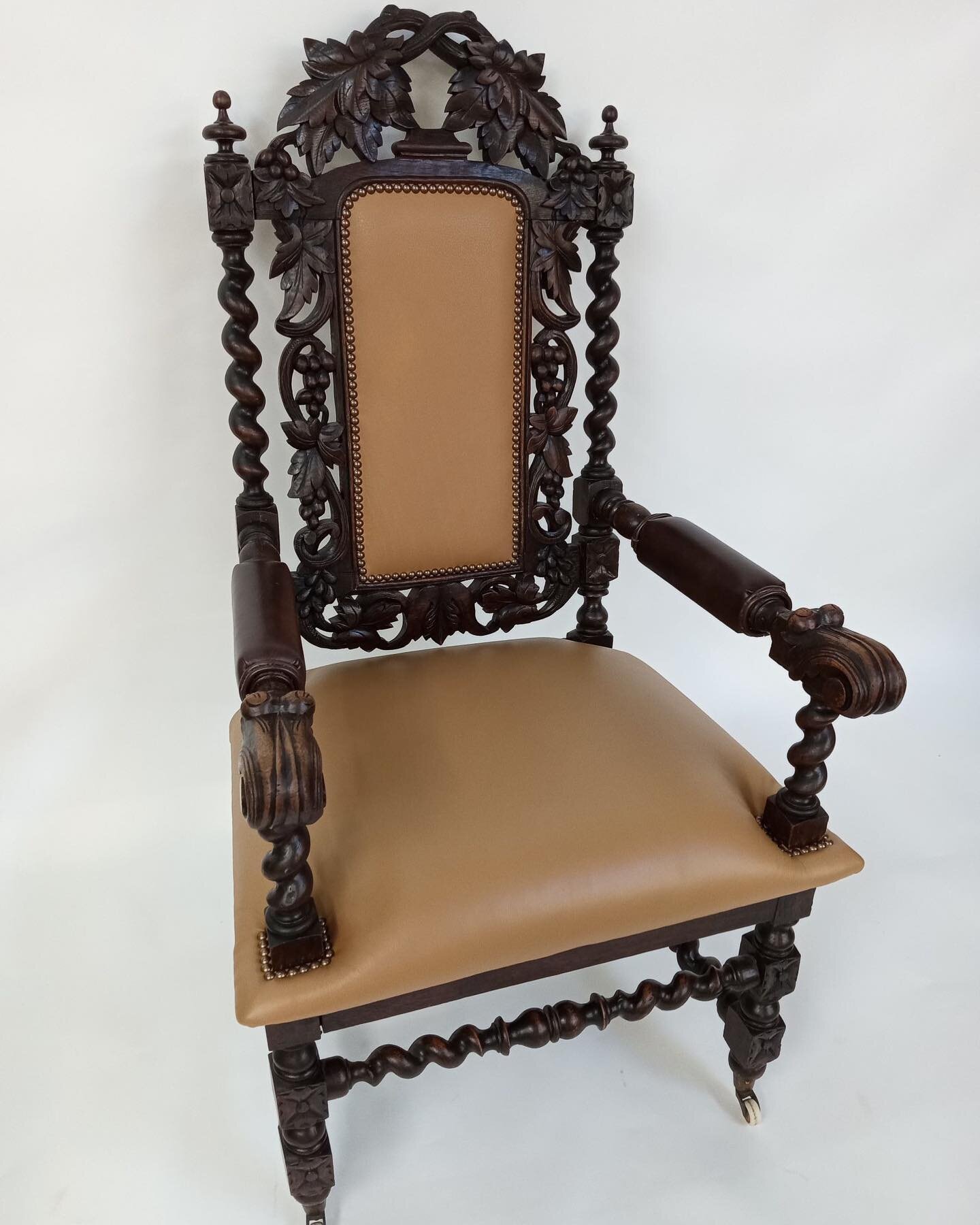 Here we have an antique chair that originally utilized cane in the seating area and back rest ,We teamed up with a local designer and replaced the outdated cane with new top grain leather on the arms , seating area and back rest . 

#houstoninteriord