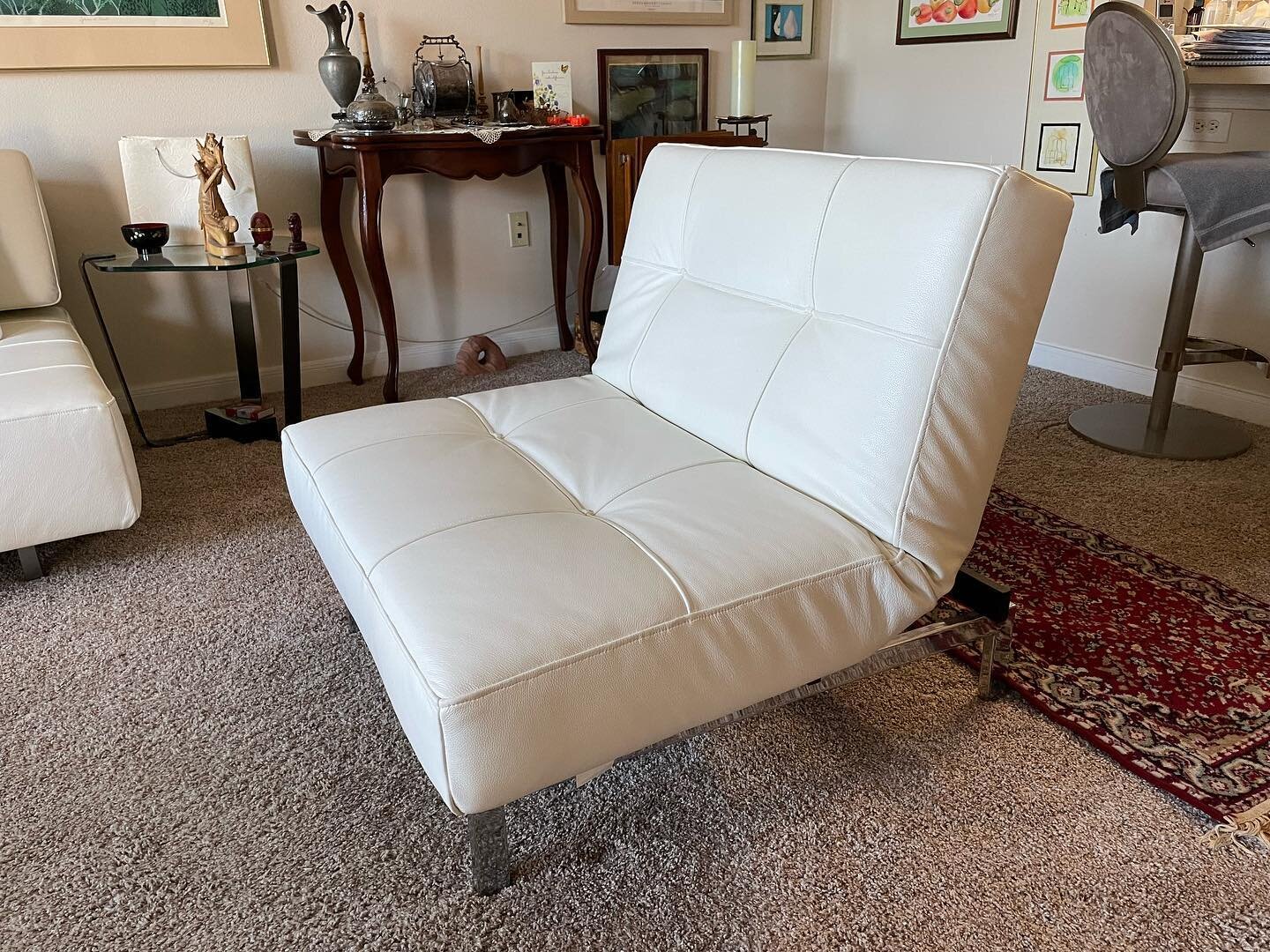 Here we have a chair and sofa set that was originally upholstered in a poor quality vinyl that inevitably delaminated after a few years of use . Our upholstery team was able to replace the poor quality vinyl with  top quality top grain leather from @