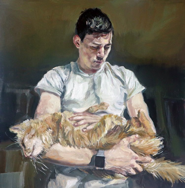 A Boy and His Cat, oil, 12 x 12, 2024