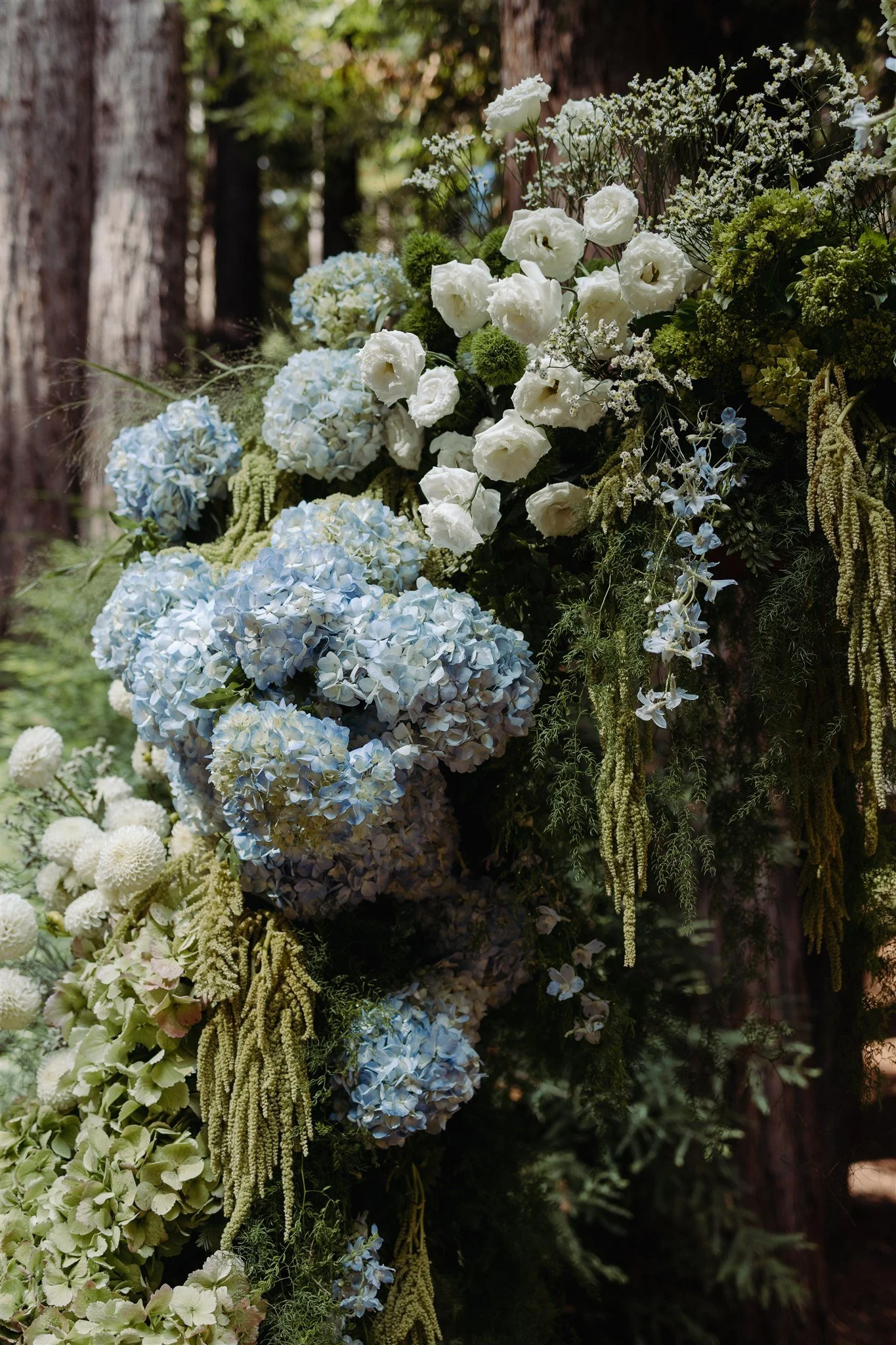wedding arch detail with blue hydrangea