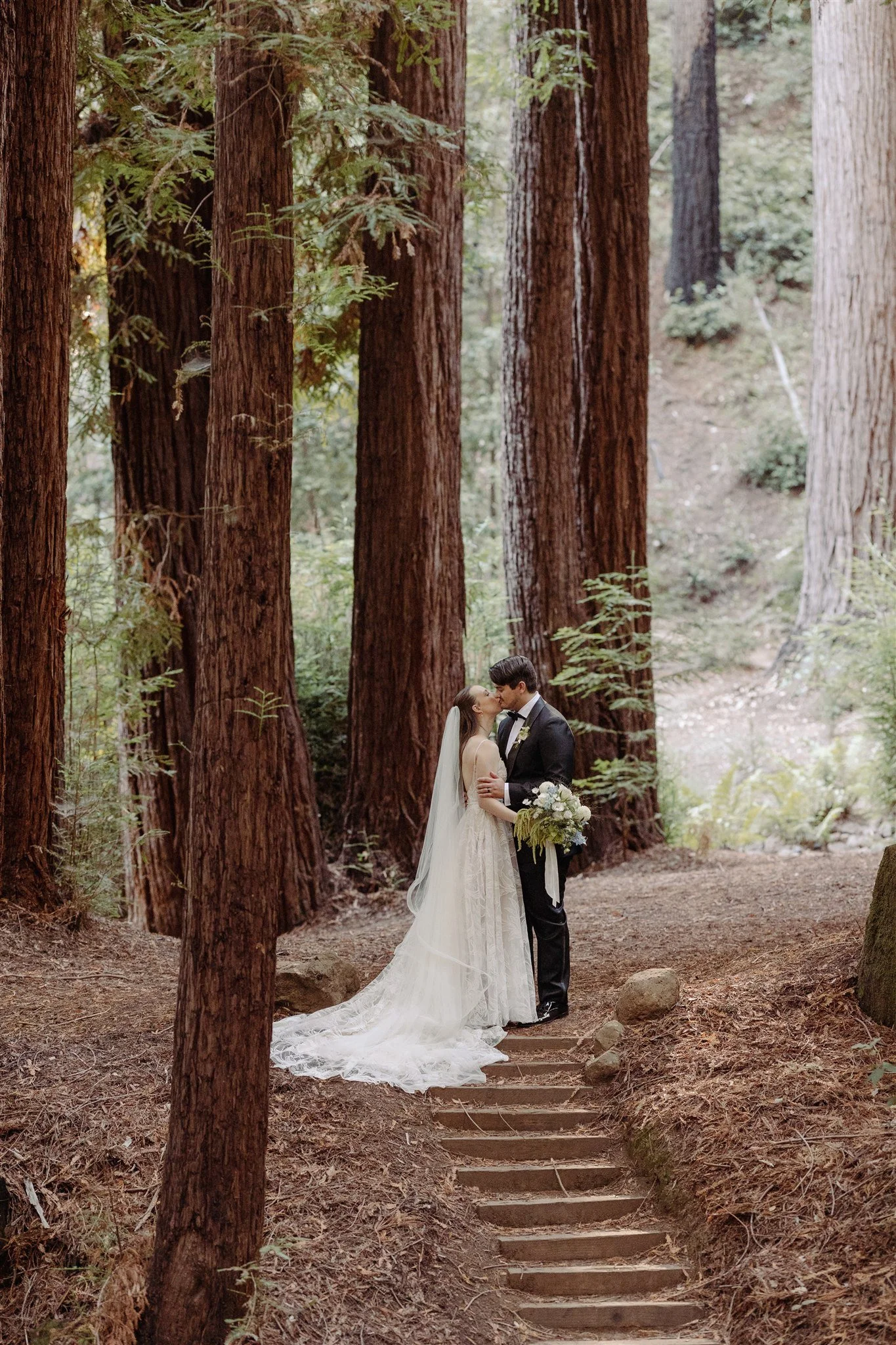 couple kissing under redwood trees
