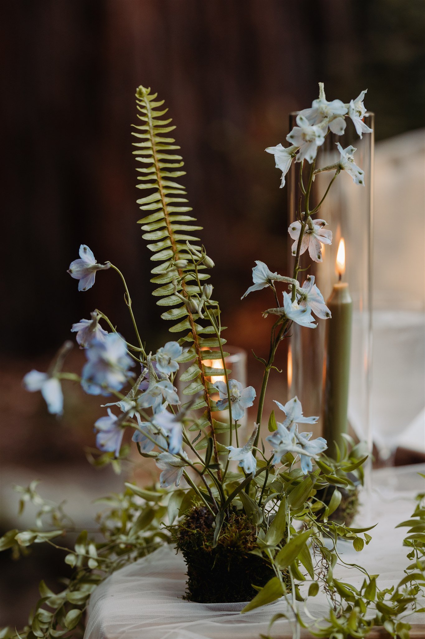 green candles with ferns and delphinium