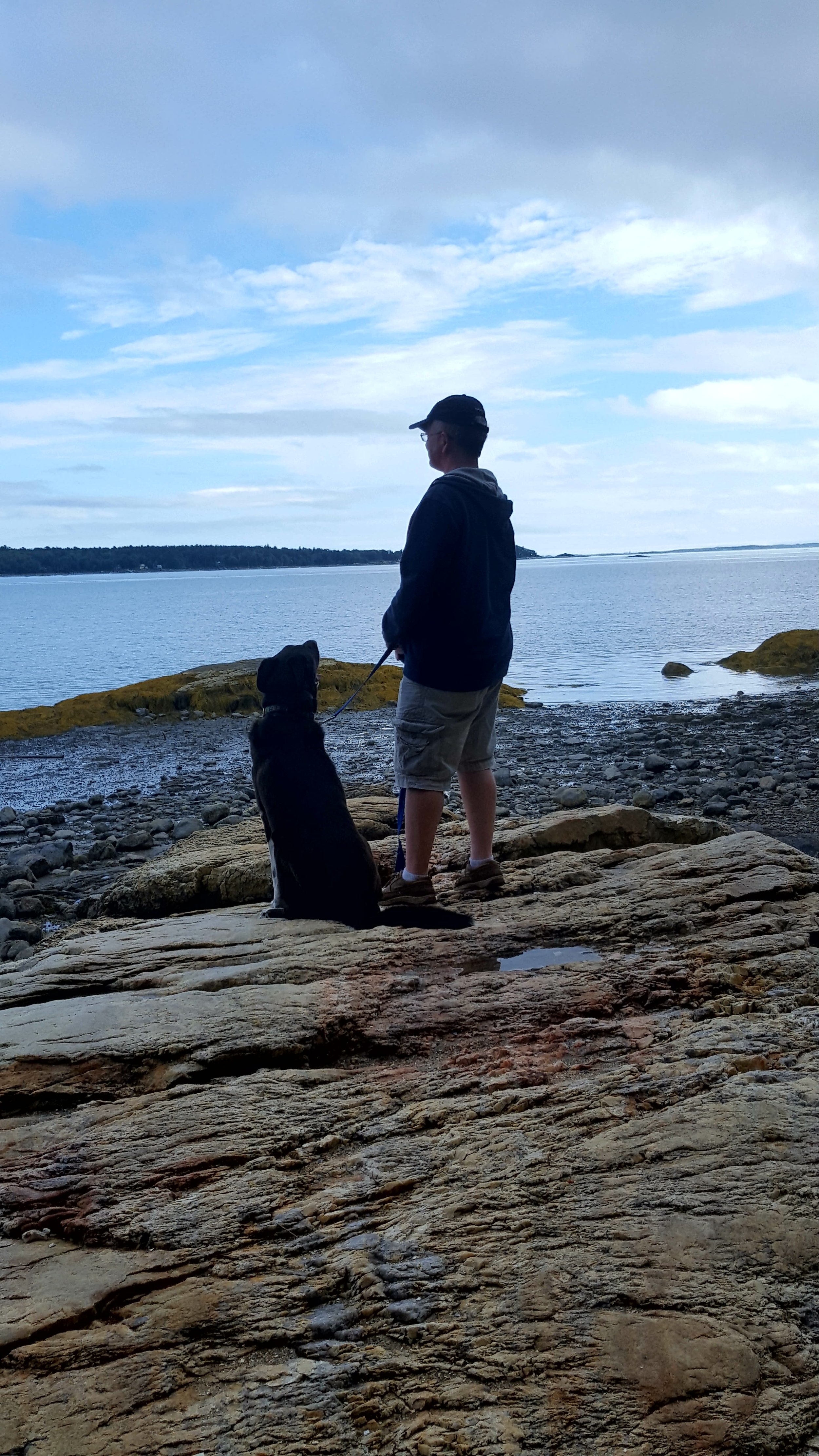 Man standing on rocky shore with a dog, overlooking the ocean on a cloudy day.