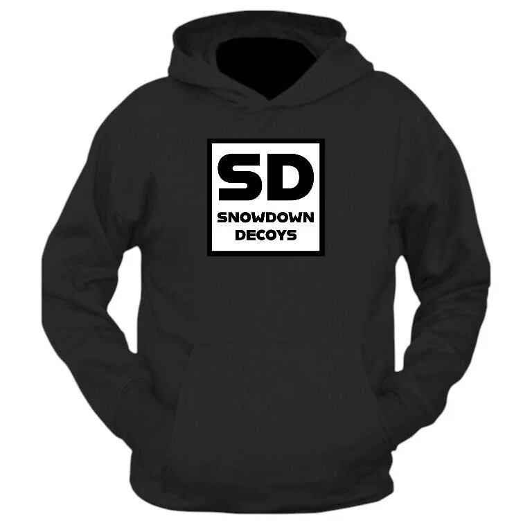 Black hoodie with a white square logo that has bold "SD" text, and below that "SNOWDOWN DECOYS".