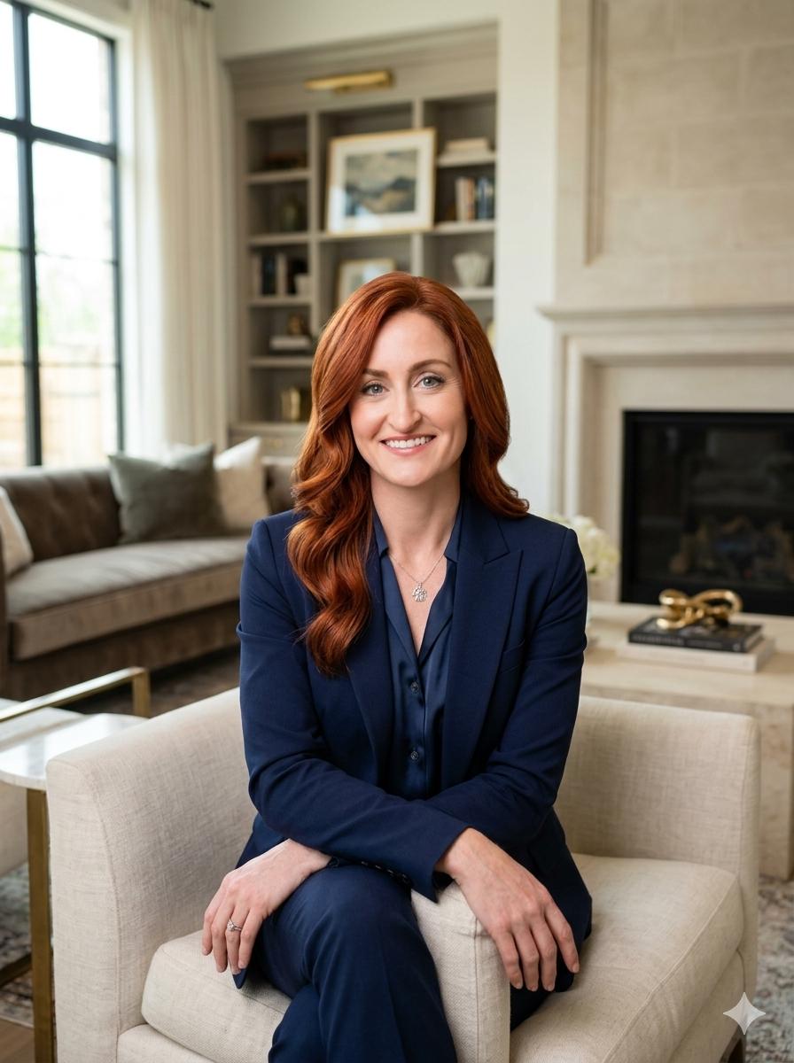 A woman with red hair and a blue suit sitting on a cream-colored chair in a living room with a fireplace, bookshelf, and large windows.