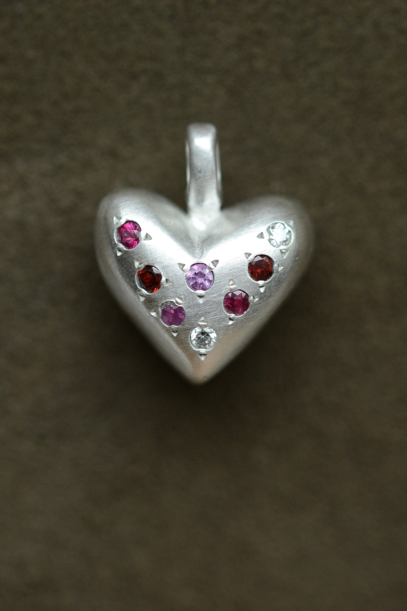 Diamond, Sapphire, Ruby, Garnet American Folk Heart Pendant