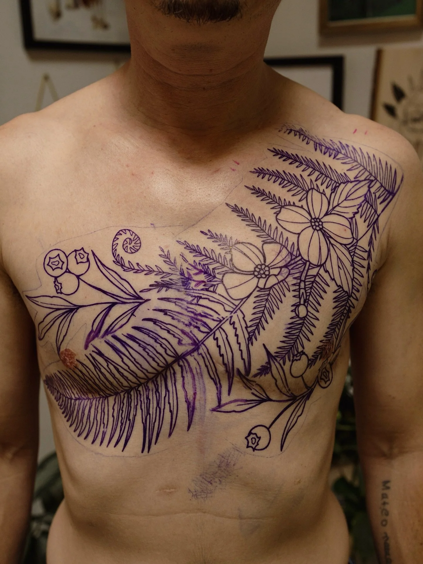 Another stencil to line work process photo! An absolute honor to start this tattoo for my client Ryan. Thank you so much for trusting me with a special piece and for sitting like a champ!! I&rsquo;m so excited to finish this in a month🫐🌿- I had to 