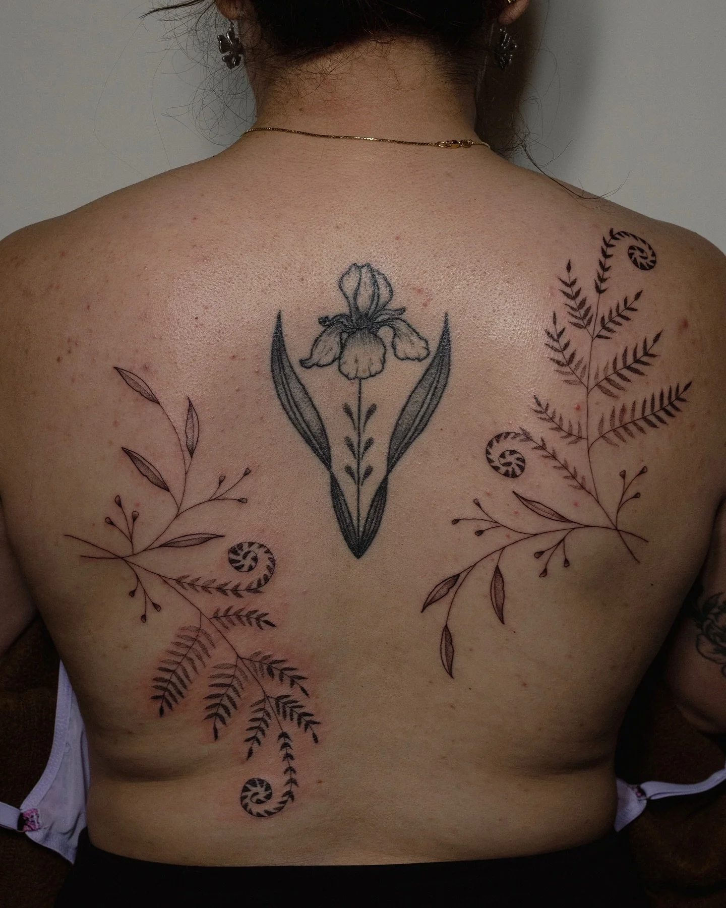 Got to add the most whimsical fern + vine companion pieces to this year and a half healed iris  piece for Karina🌿🌱 thanks for traveling💛