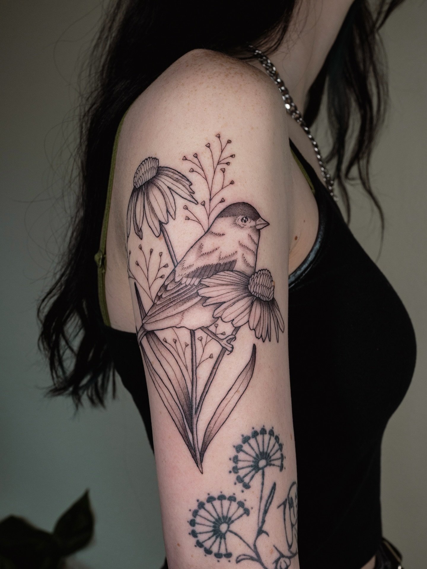 A gold finch hanging in some Echinacea for Kaitlin🐦&zwj;⬛🌷✨ made @witchofthewesttattoo