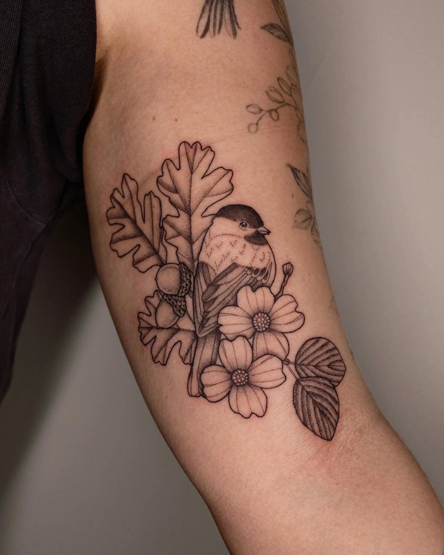 Could not ask for better clients this week! I got to do lots of fun ones filled with birds, bugs, and botanicals🐦&zwj;⬛🦋🌷🍓 swipe through to see all the beautiful pieces I got to work on💛 
Slide 1 + 2: Black capped chickadee in dogwoods and Orego