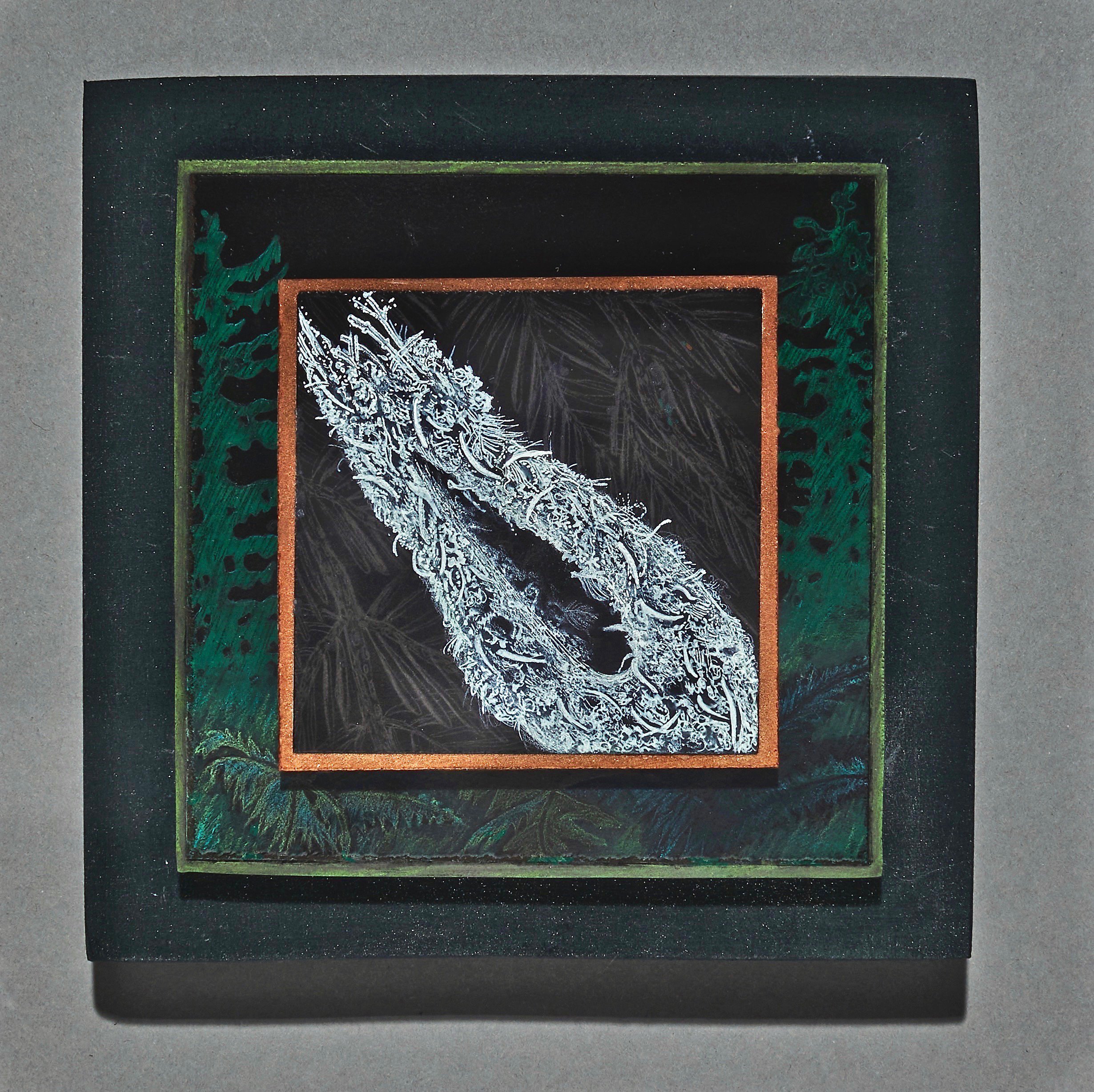 Bushtit Nest #1. 2021.
Enamel, steel, mica, graphite, white ink, mason stain, wood.
6" x 6"x 2"
