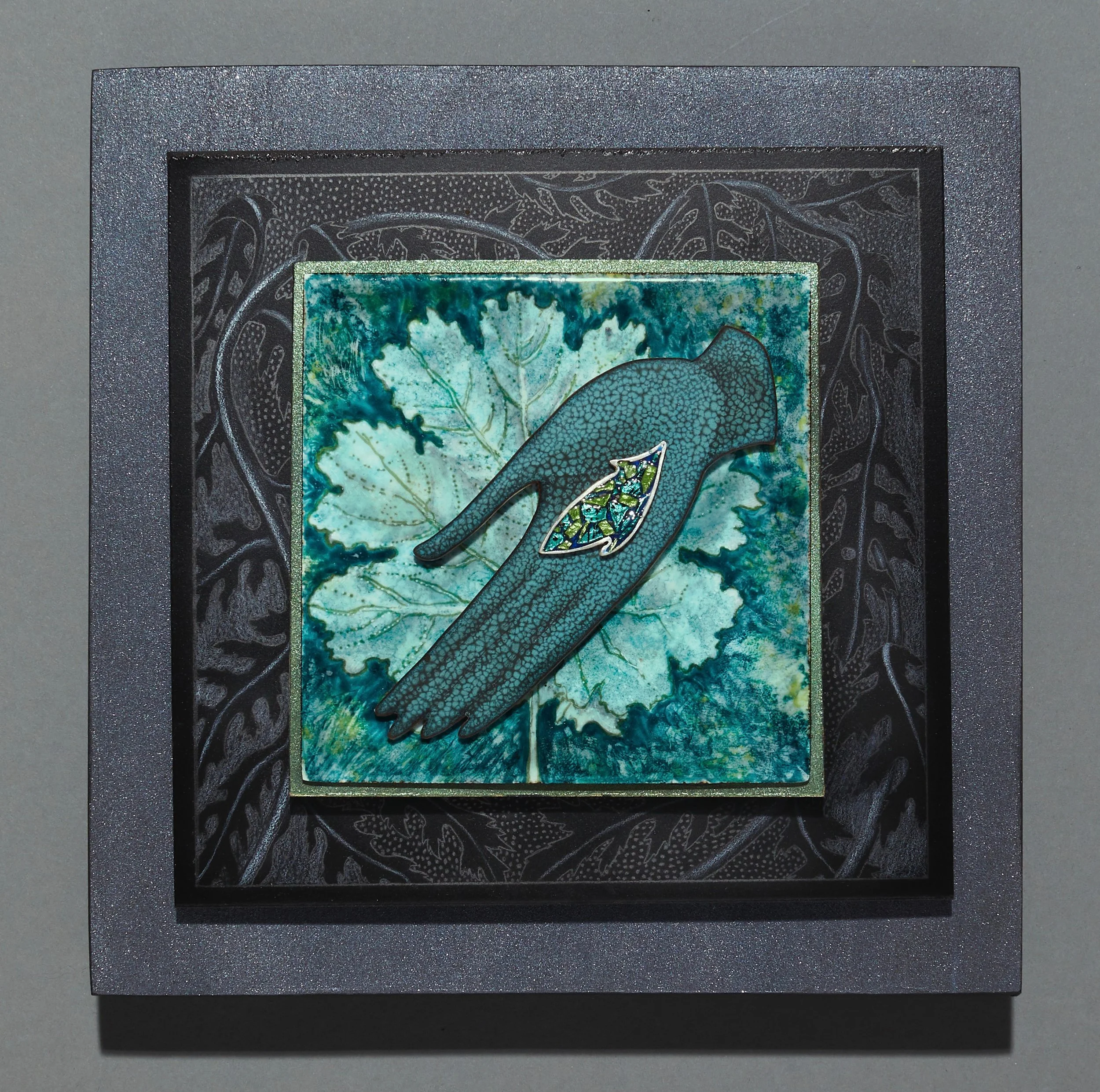 Offering 2. 2021. Enamel, copper, steel, silver, mica, graphite, wood. 7.5" x 7.5" x 2".