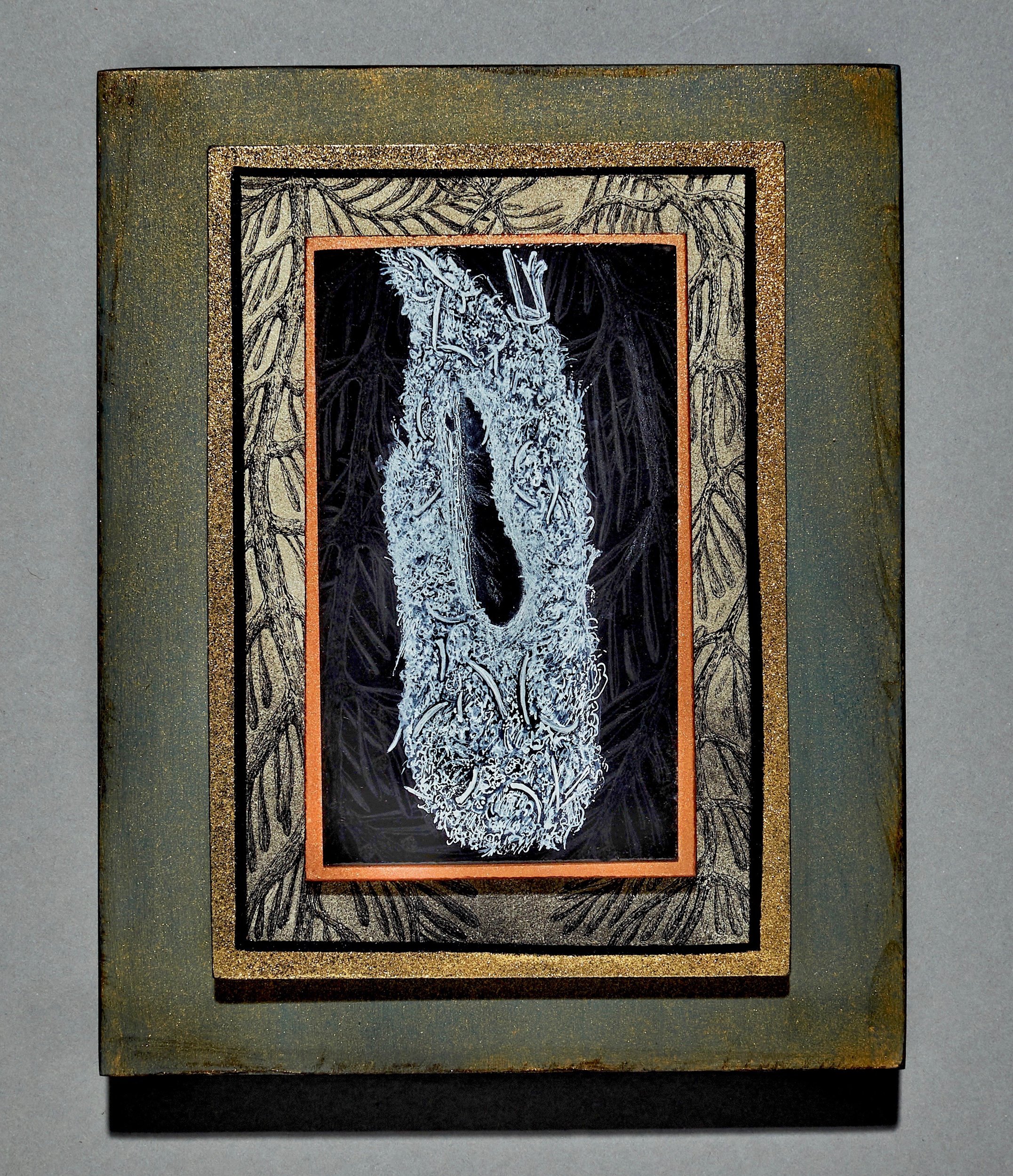 Bushitit Nest #2. 2021. Enamel, steel, mica, white ink, graphite, wood. 6" w x 7.5"h x 2"d