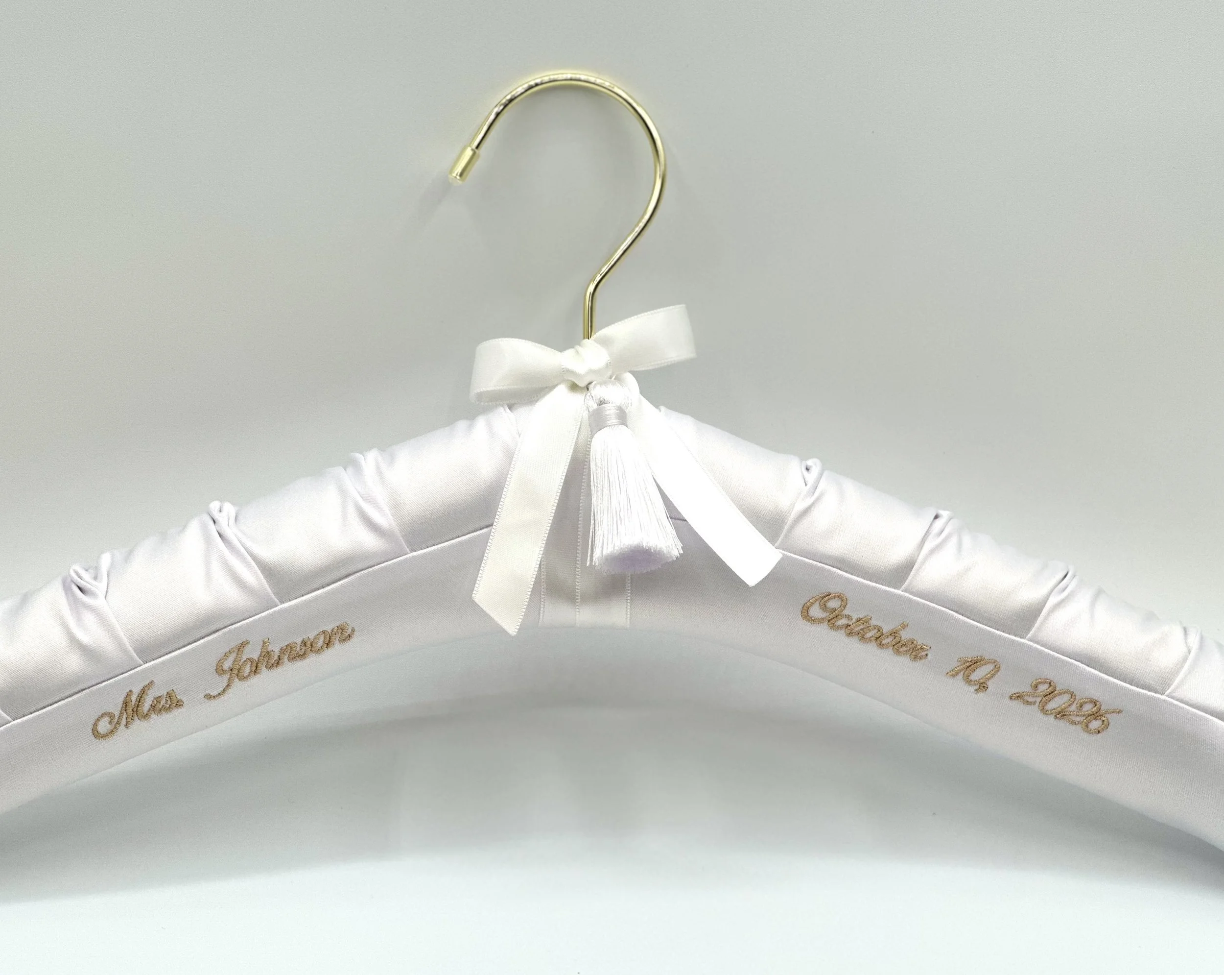 White Satin Gold Embroidery Gold Neck on custom satin bridal hanger for wedding gown
