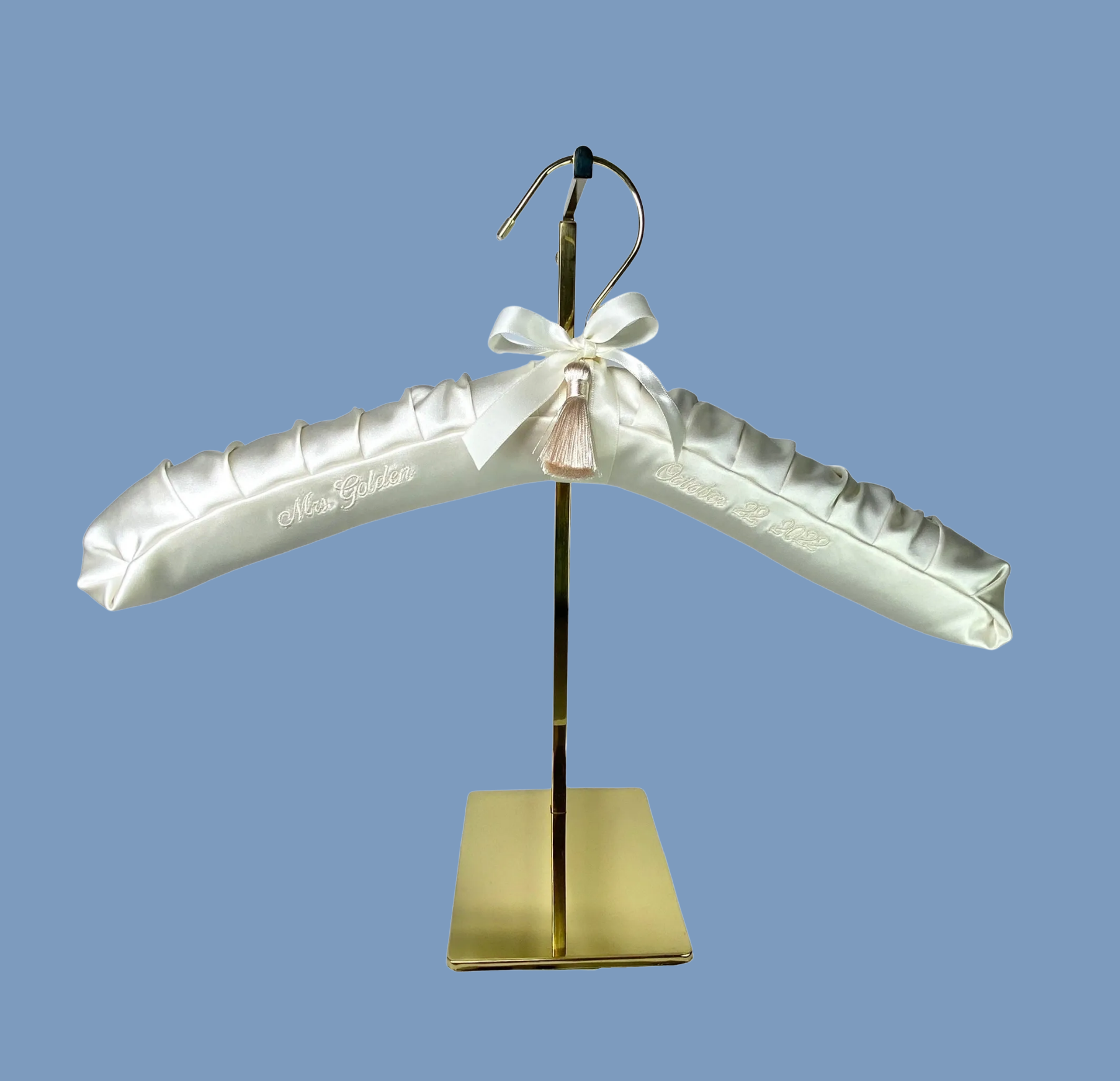 ivory satin embroidered wedding hanger using premium satins with coordinating satin ribbon and tassel embroidered for personal touch