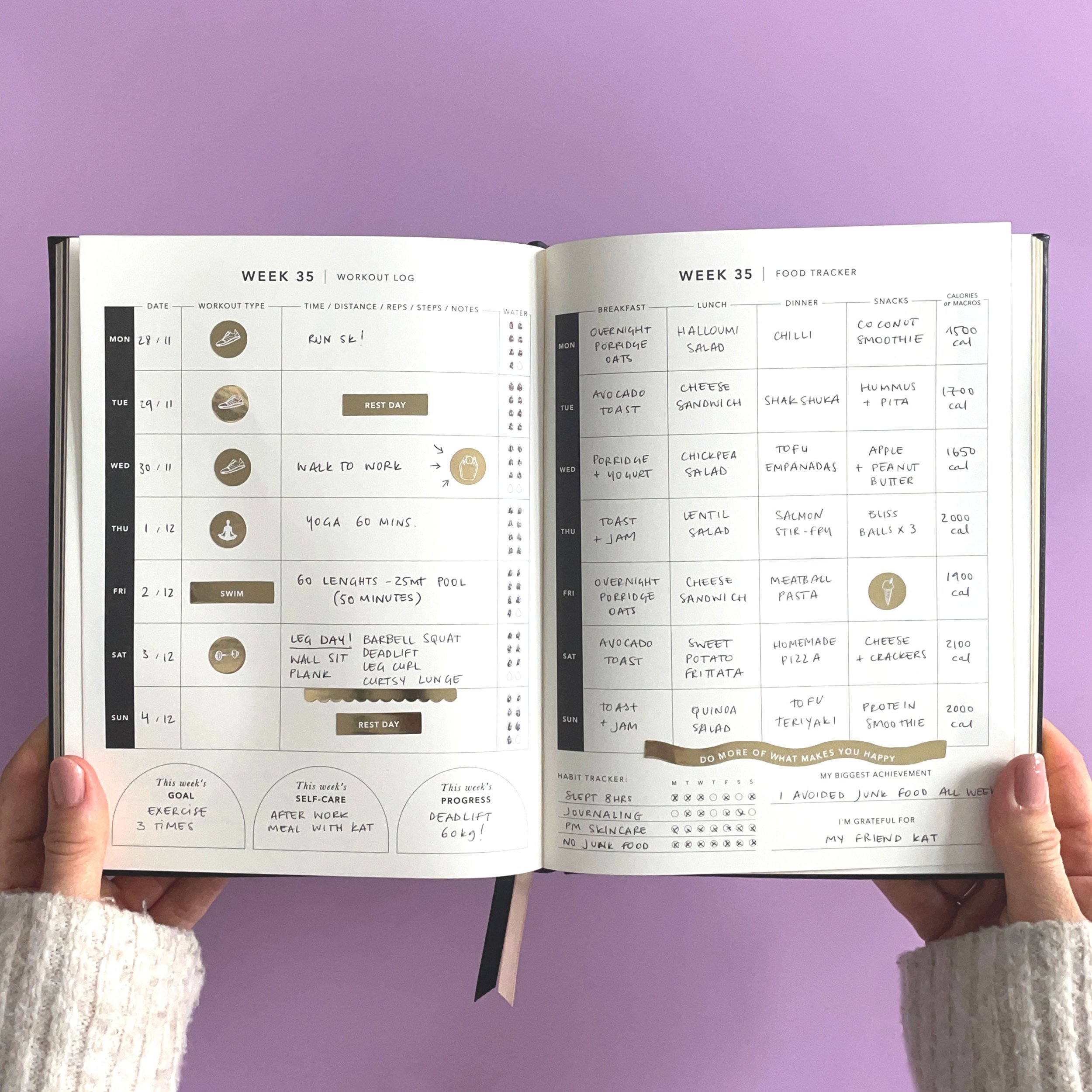 Wedding planner journal with the Left side of page includes days of the week, activities, appt or tasks. Right side has days of the week and tasks.