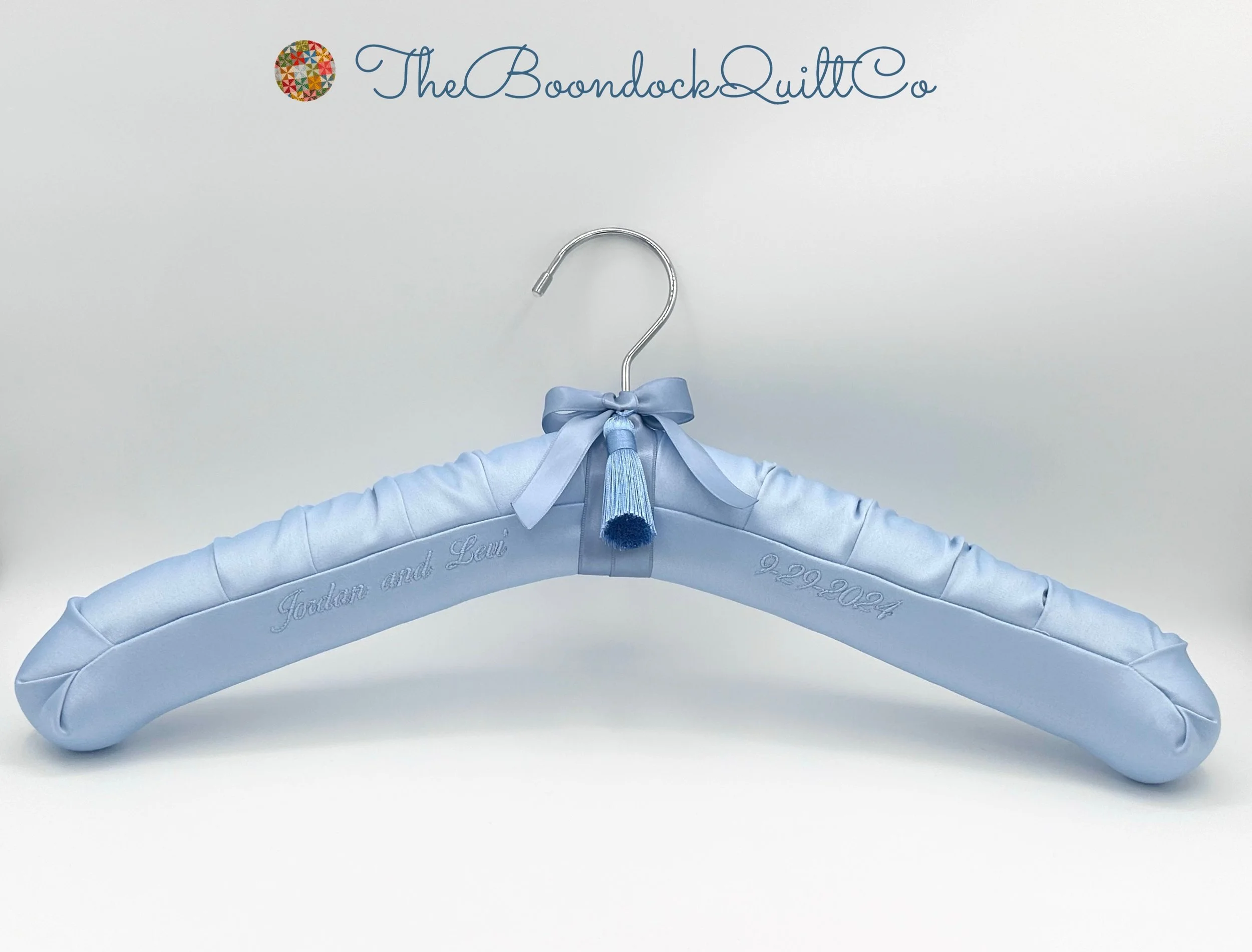 french blue satin hanger with custom embroidery