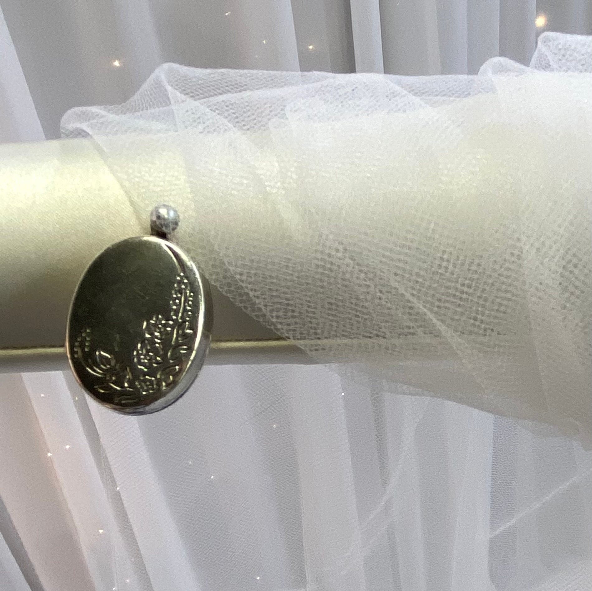 Luxe ivory satin veil hanger with ability to hold your special mementos for your wedding day