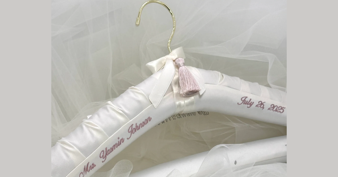 personalized satin veil hanger with plum colored embroidery