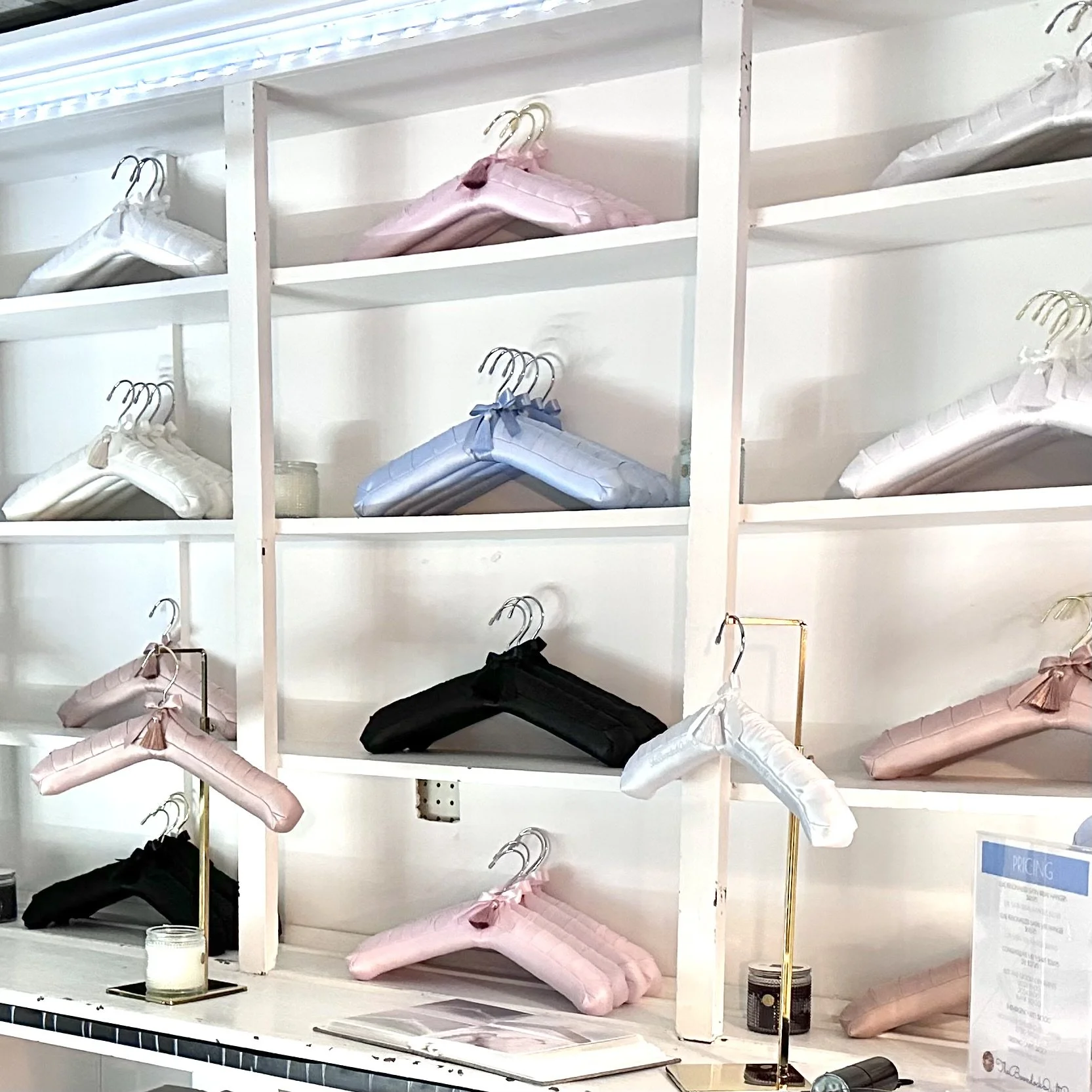 In stock hand made satin hangers at the boondock quilt co in Sandwich Illinois.